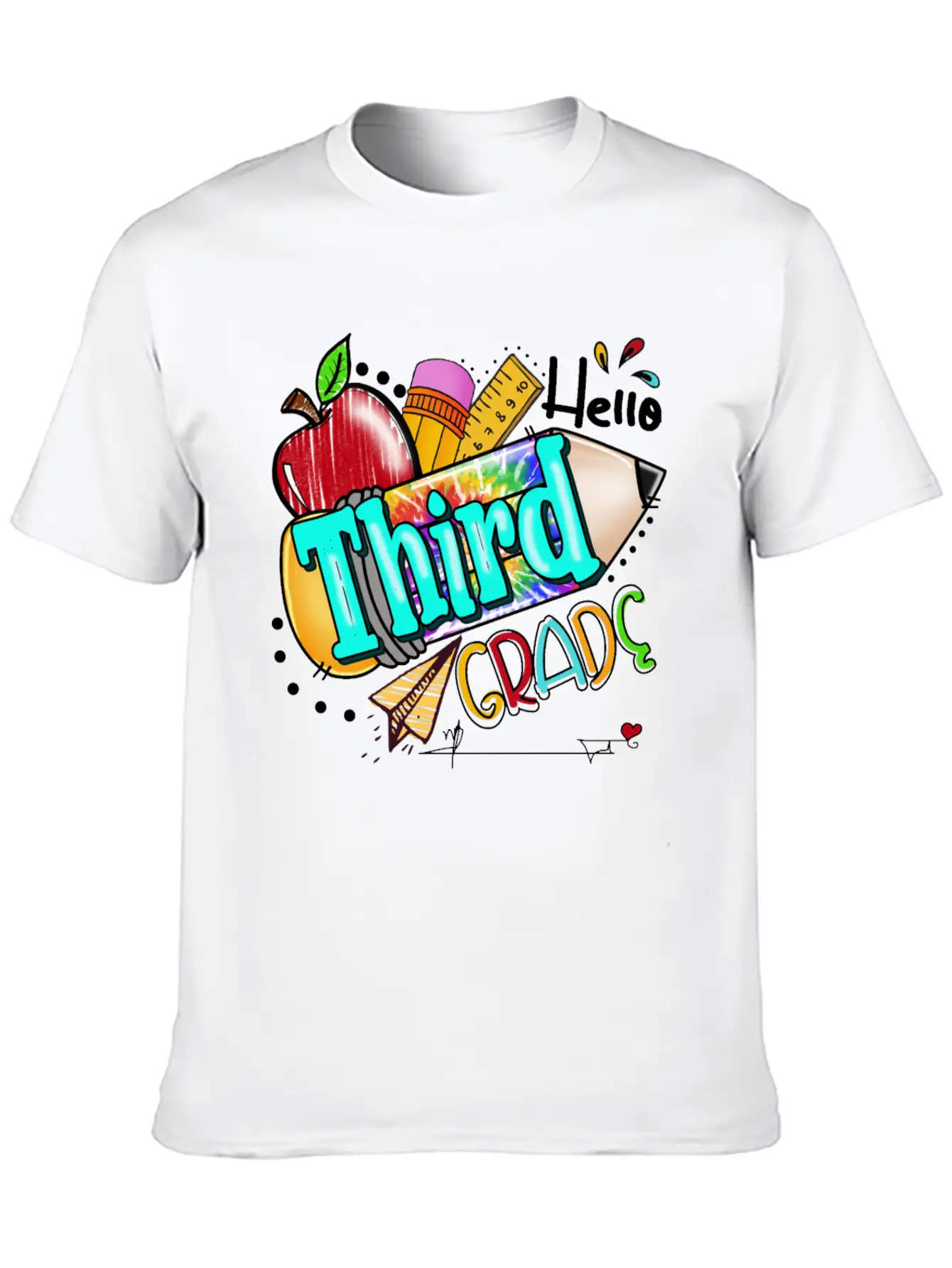 Tie Dye Pencil Hello Third Grade Cute First Day Unisex Short Sleeve Soft Cotton T-Shirt – Casual Everyday Wear