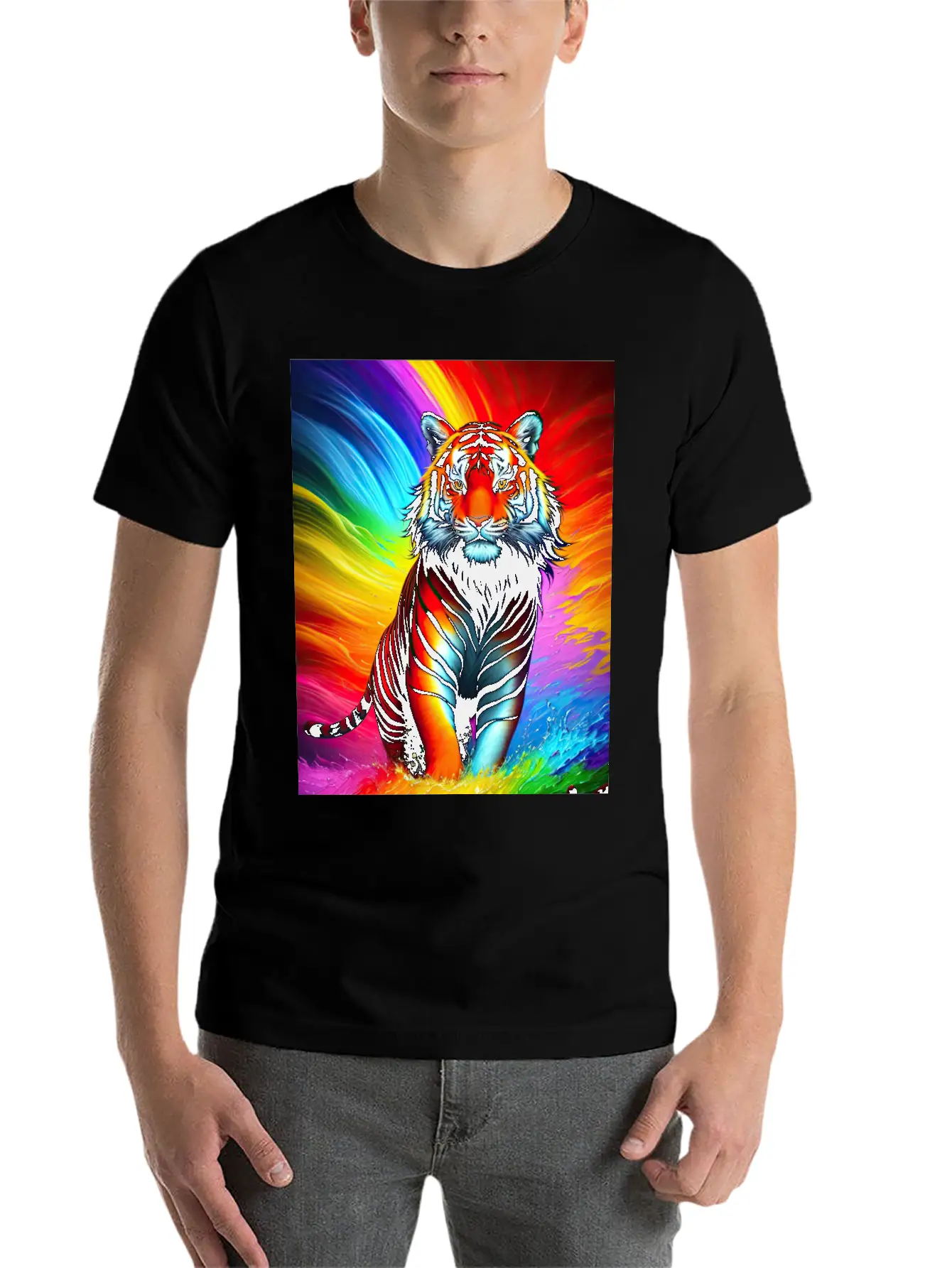 Tiger With Rainbow Splashes Of Colors Basic Graphic T-Shirt – Daily Comfort In Soft Cotton