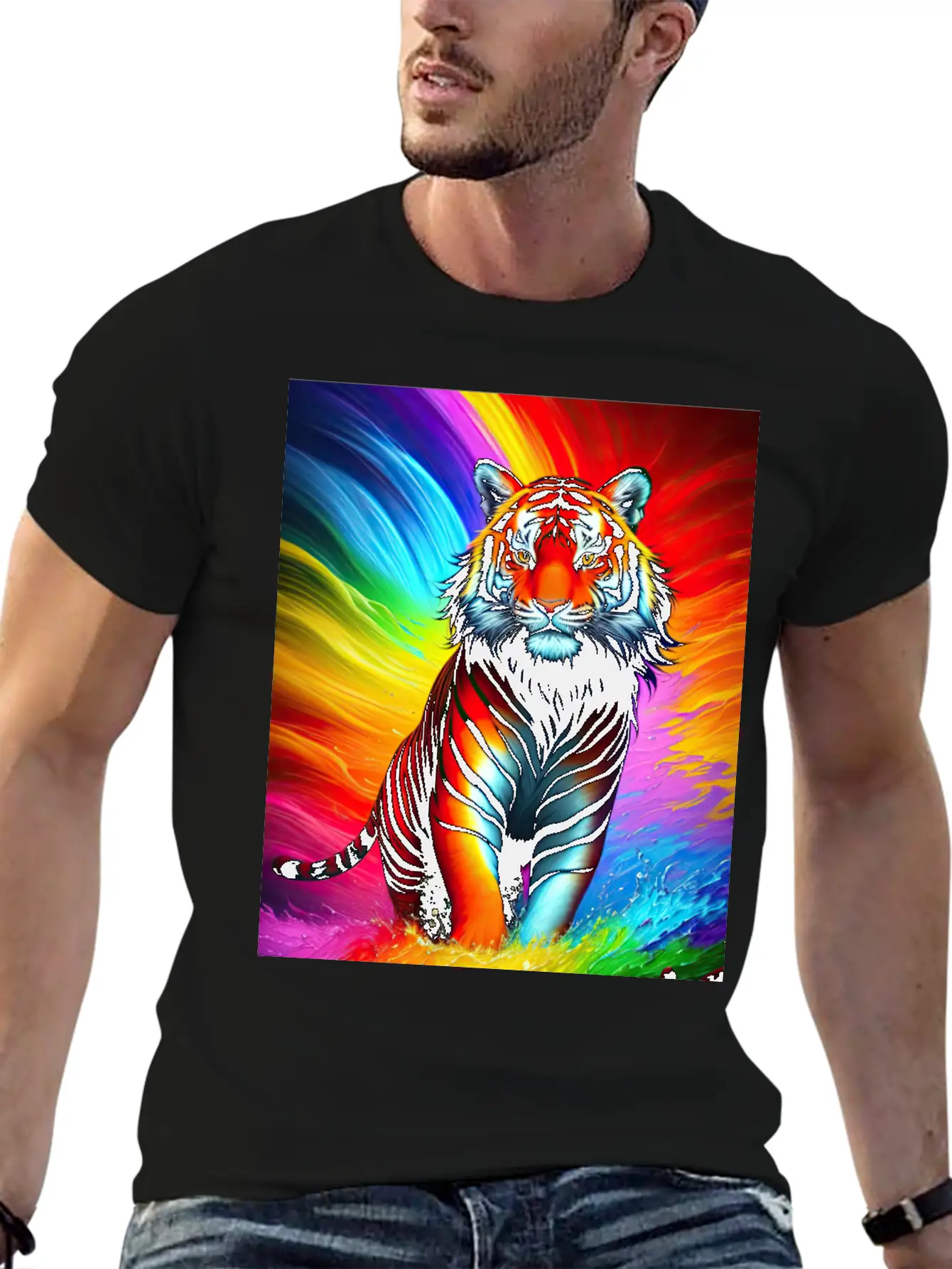 Tiger With Rainbow Splashes Of Colors Basic Graphic T-Shirt – Daily Comfort In Soft Cotton