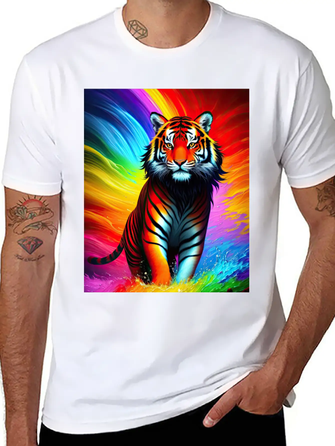 Tiger With Rainbow Splashes Of Colors Basic Graphic T-Shirt – Daily Comfort In Soft Cotton