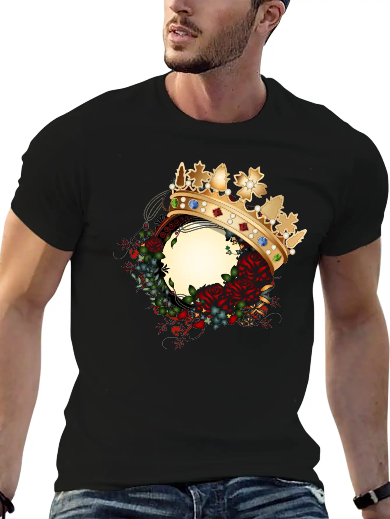 Timeless Rose Art Nouveau Ornament With Crown Unisex Short Sleeve Soft Cotton T-Shirt – Casual Everyday Wear