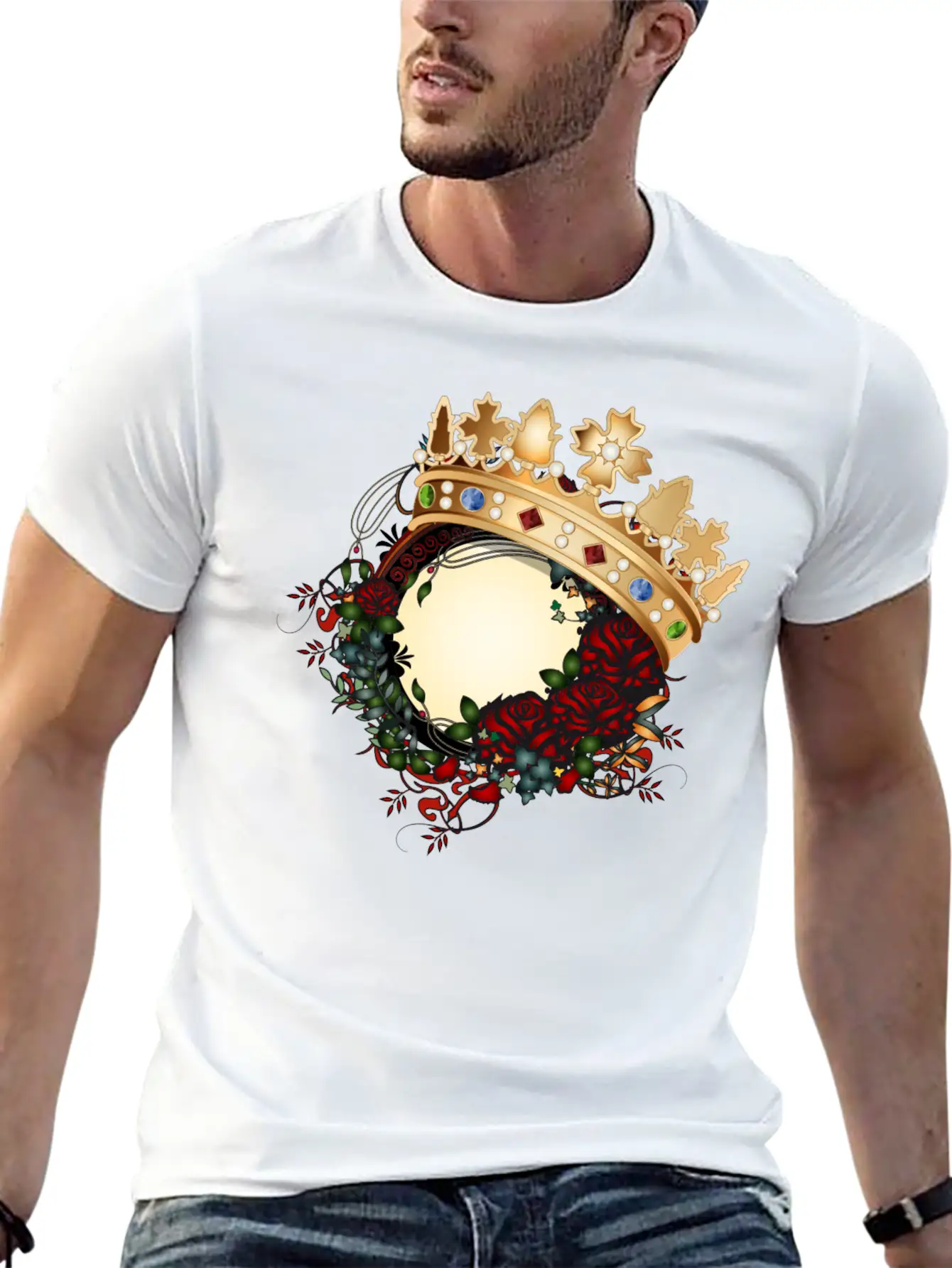 Timeless Rose Art Nouveau Ornament With Crown Unisex Short Sleeve Soft Cotton T-Shirt – Casual Everyday Wear