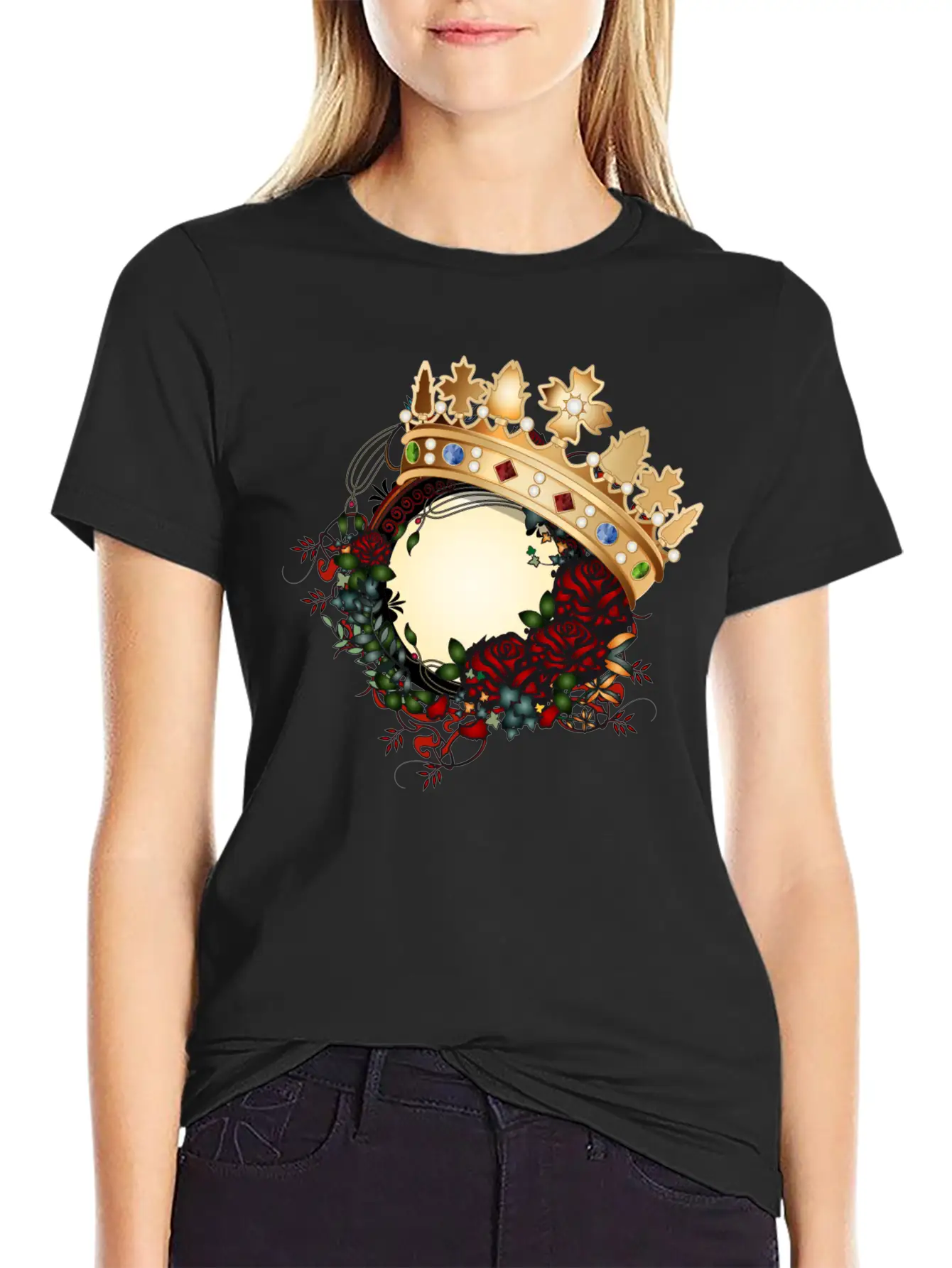 Timeless Rose Art Nouveau Ornament With Crown Unisex Short Sleeve Soft Cotton T-Shirt – Casual Everyday Wear