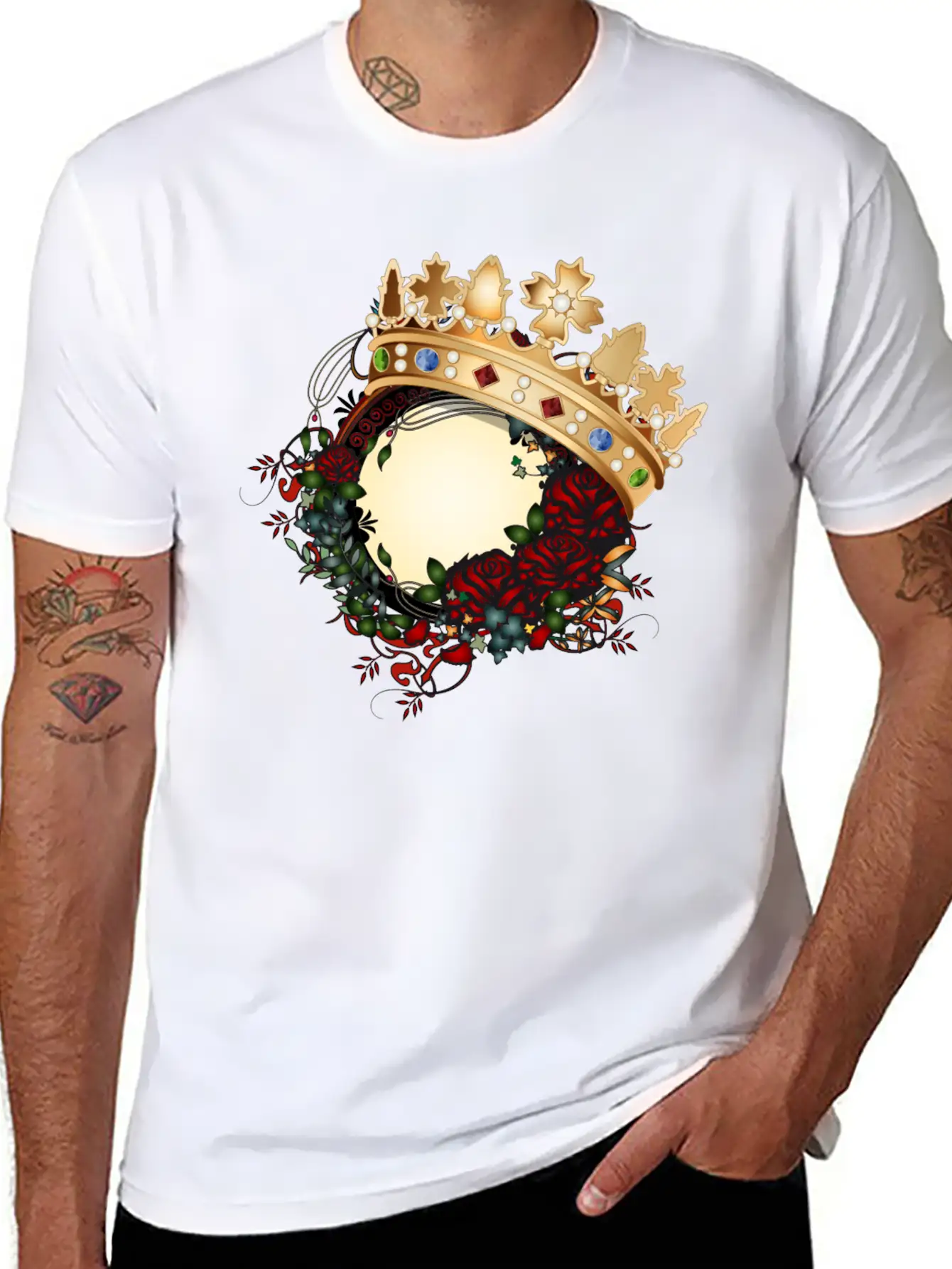 Timeless Rose Art Nouveau Ornament With Crown Unisex Short Sleeve Soft Cotton T-Shirt – Casual Everyday Wear