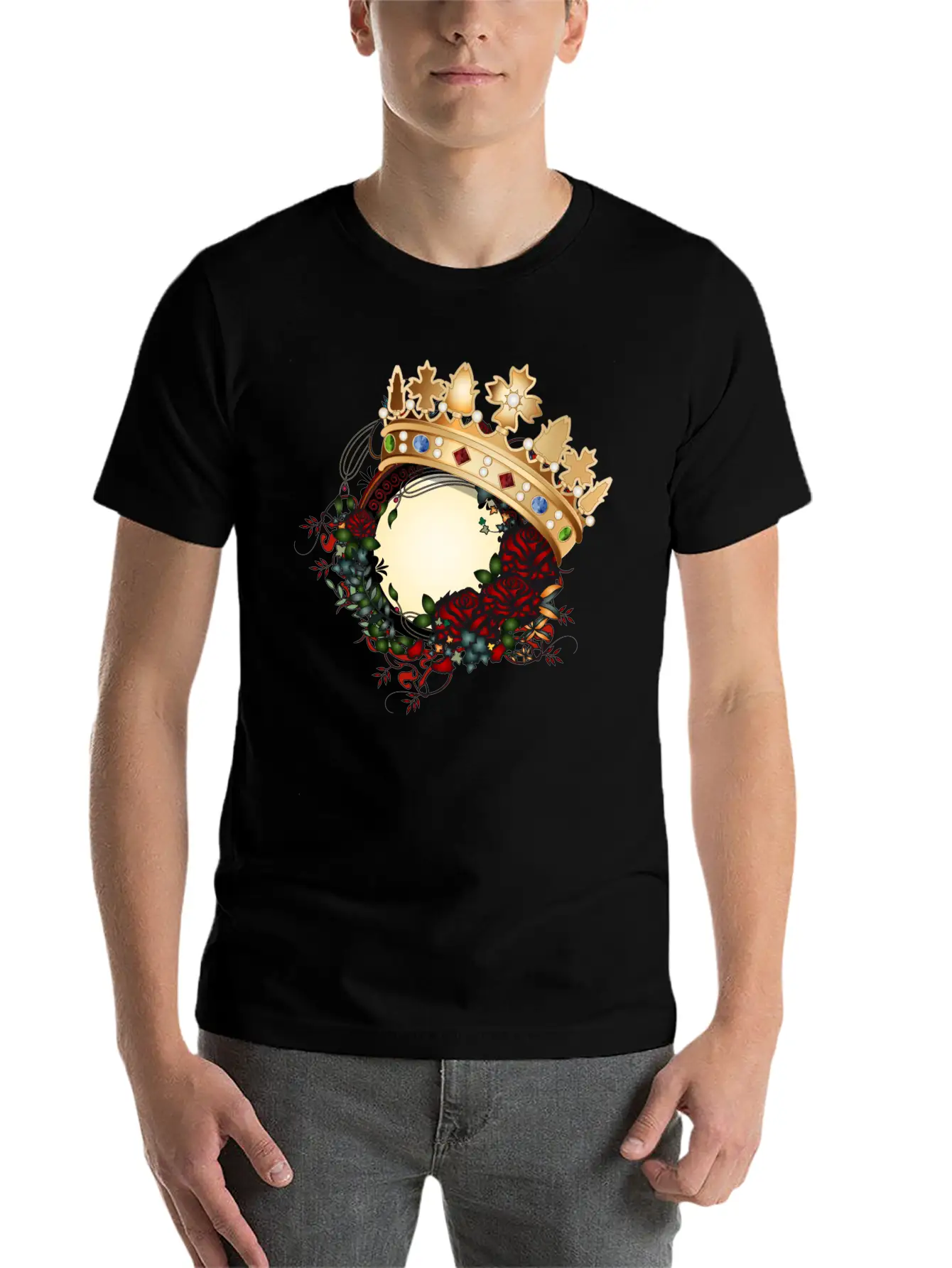 Timeless Rose Art Nouveau Ornament With Crown Unisex Short Sleeve Soft Cotton T-Shirt – Casual Everyday Wear