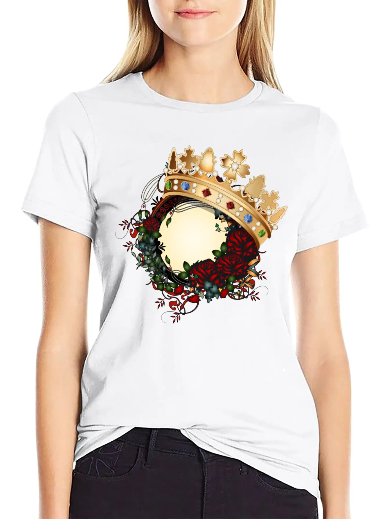 Timeless Rose Art Nouveau Ornament With Crown Unisex Short Sleeve Soft Cotton T-Shirt – Casual Everyday Wear