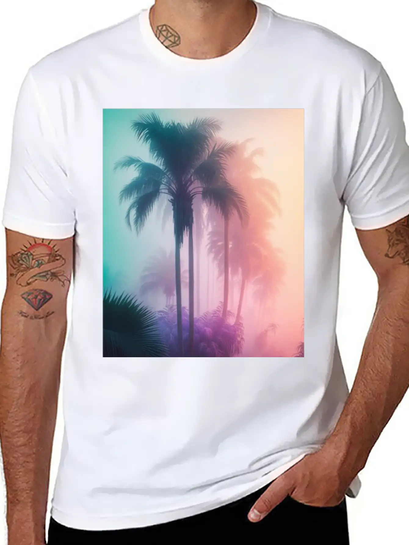 Tropical Beach Palm Trees 80s Sunrise Comfortable Minimalist Graphic Tee – Summer Style Essential