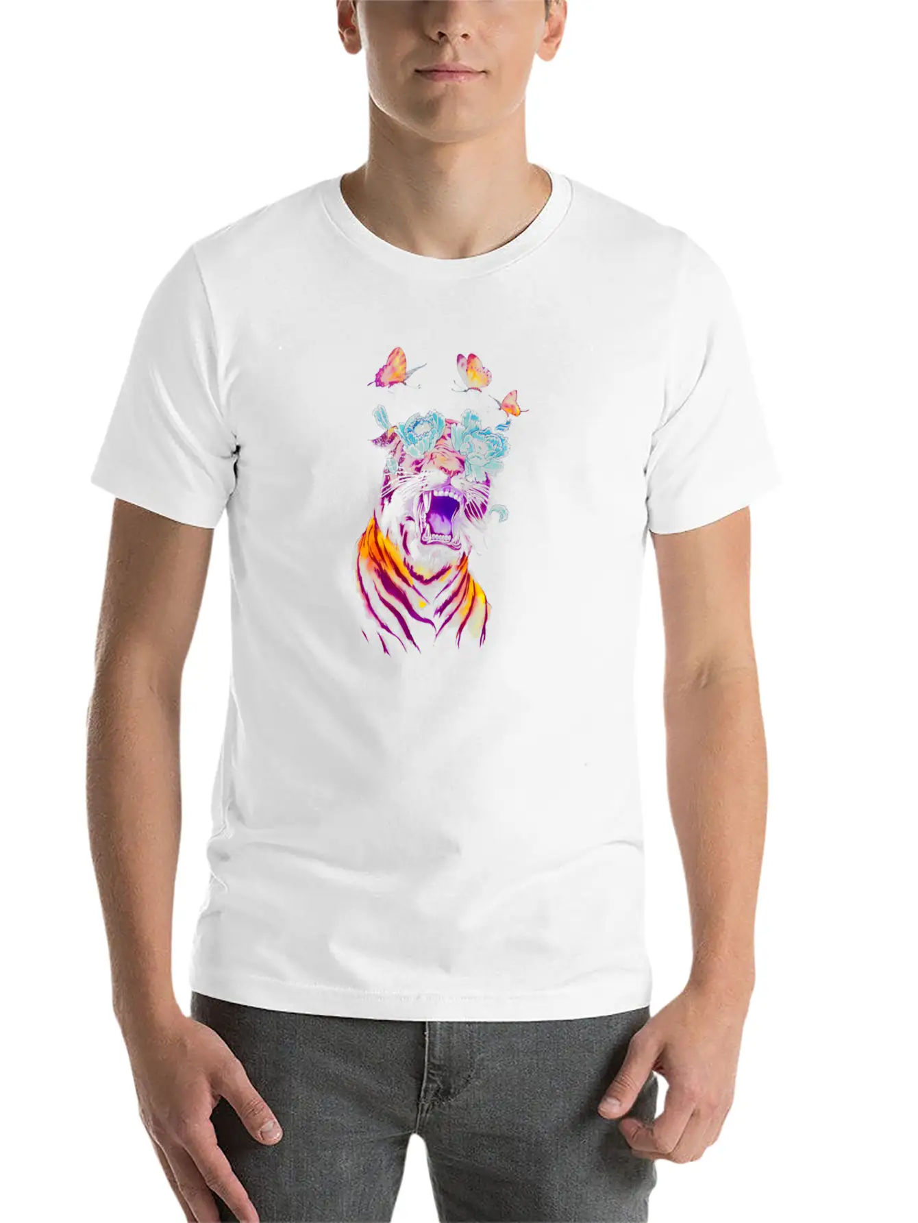 Tropicalia Tiger, Watercolor Paint Tiger Comfortable Minimalist Graphic Tee – Summer Style Essential