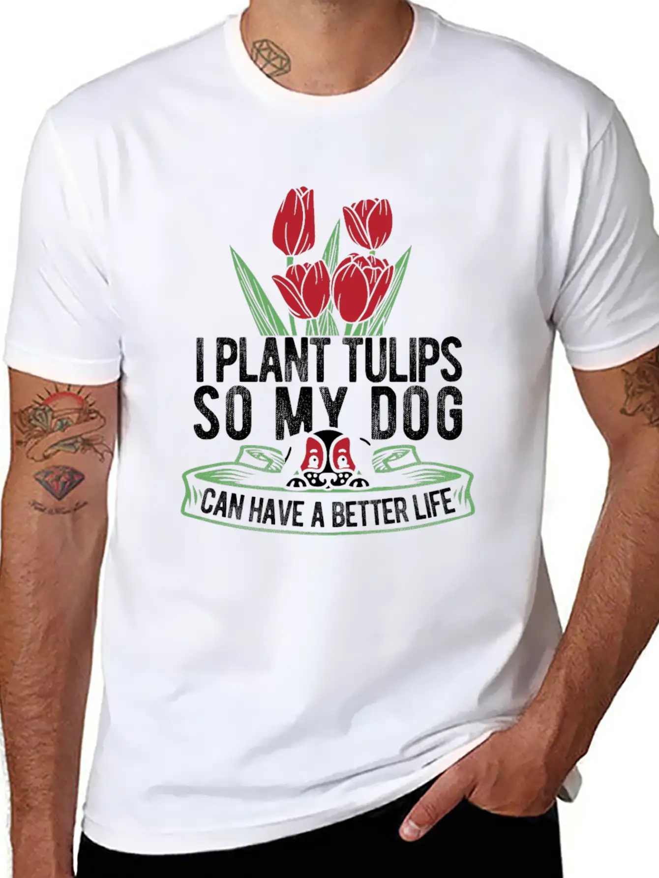 Tulip Gardening Dog Unisex Short Sleeve Soft Cotton T-Shirt – Casual Everyday Wear