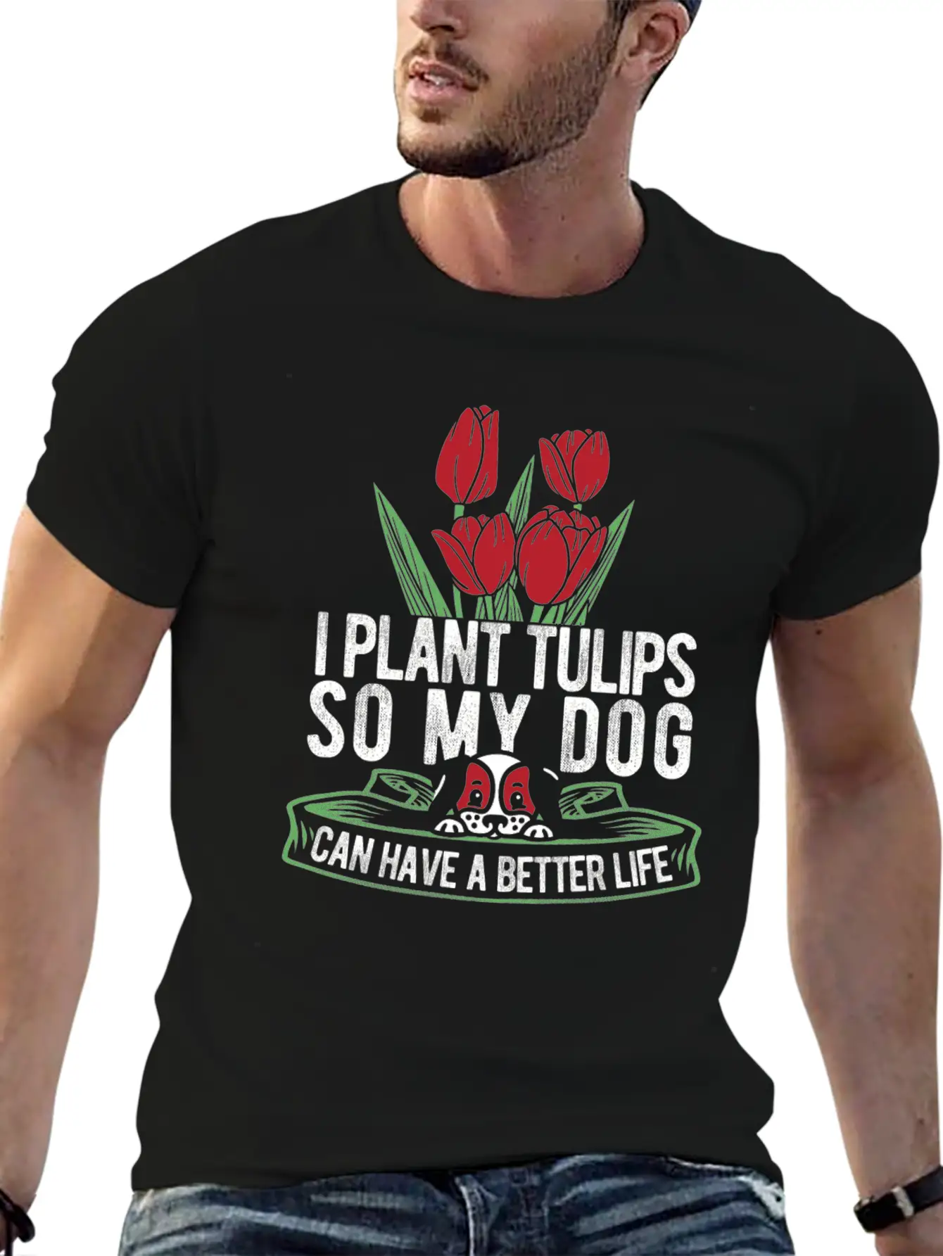 Tulip Gardening Dog Unisex Short Sleeve Soft Cotton T-Shirt – Casual Everyday Wear