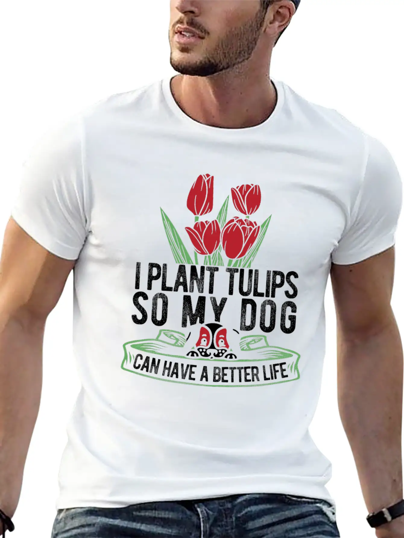 Tulip Gardening Dog Unisex Short Sleeve Soft Cotton T-Shirt – Casual Everyday Wear