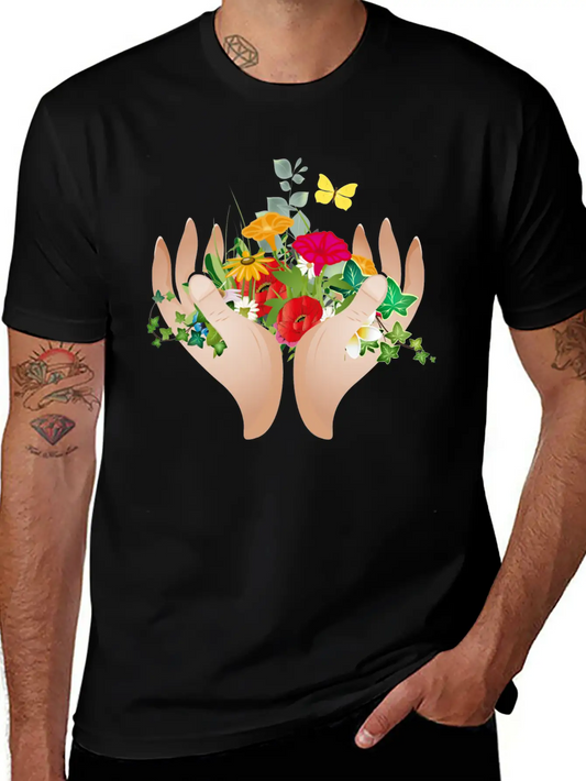 Two Hands Hold Flowers And Plants Unisex Short Sleeve Soft Cotton T-Shirt – Casual Everyday Wear