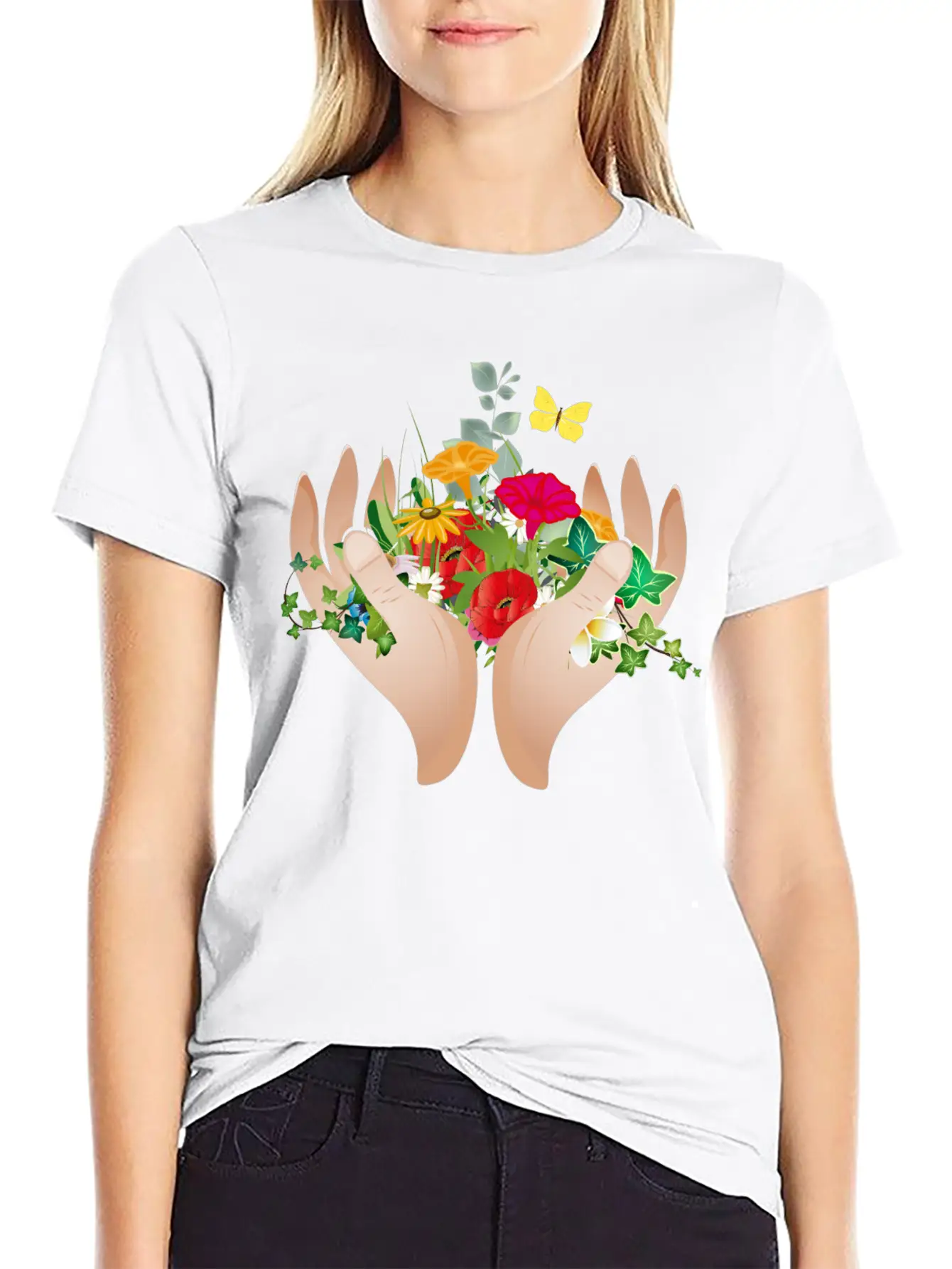 Two Hands Hold Flowers And Plants Unisex Short Sleeve Soft Cotton T-Shirt – Casual Everyday Wear