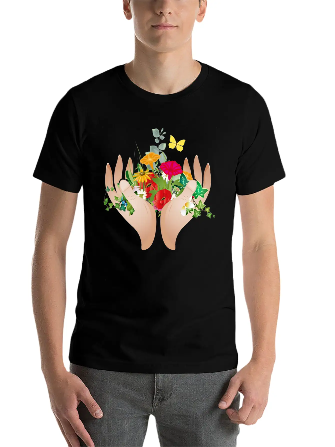 Two Hands Hold Flowers And Plants Unisex Short Sleeve Soft Cotton T-Shirt – Casual Everyday Wear