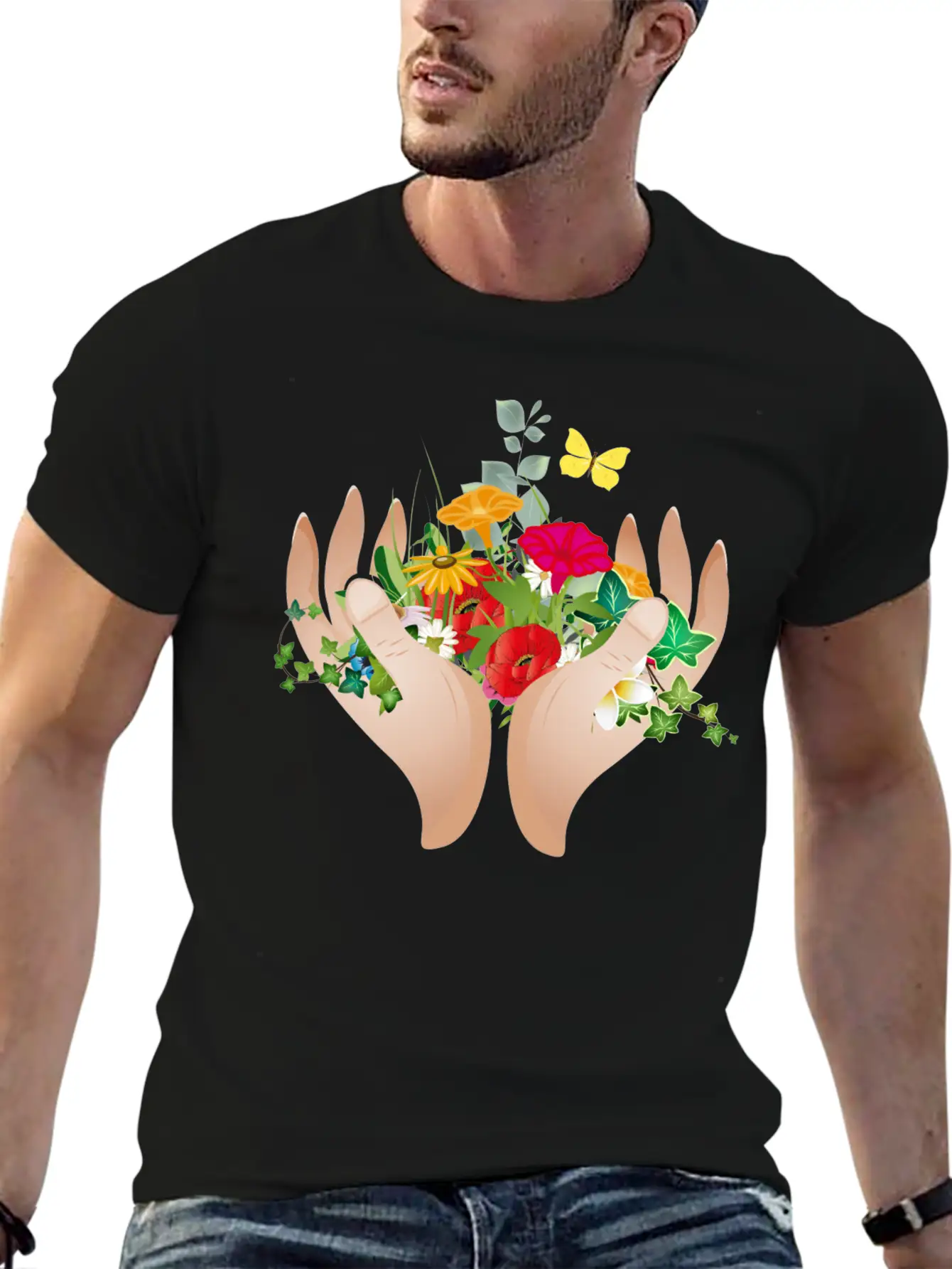 Two Hands Hold Flowers And Plants Unisex Short Sleeve Soft Cotton T-Shirt – Casual Everyday Wear