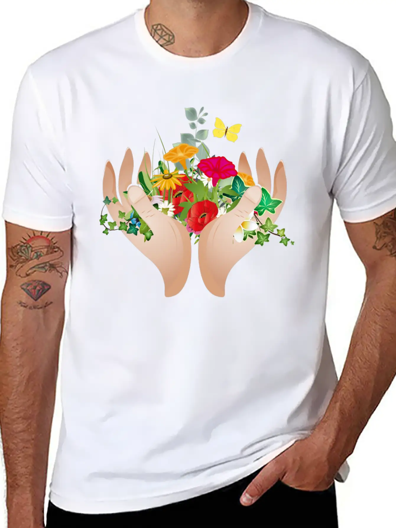 Two Hands Hold Flowers And Plants Unisex Short Sleeve Soft Cotton T-Shirt – Casual Everyday Wear