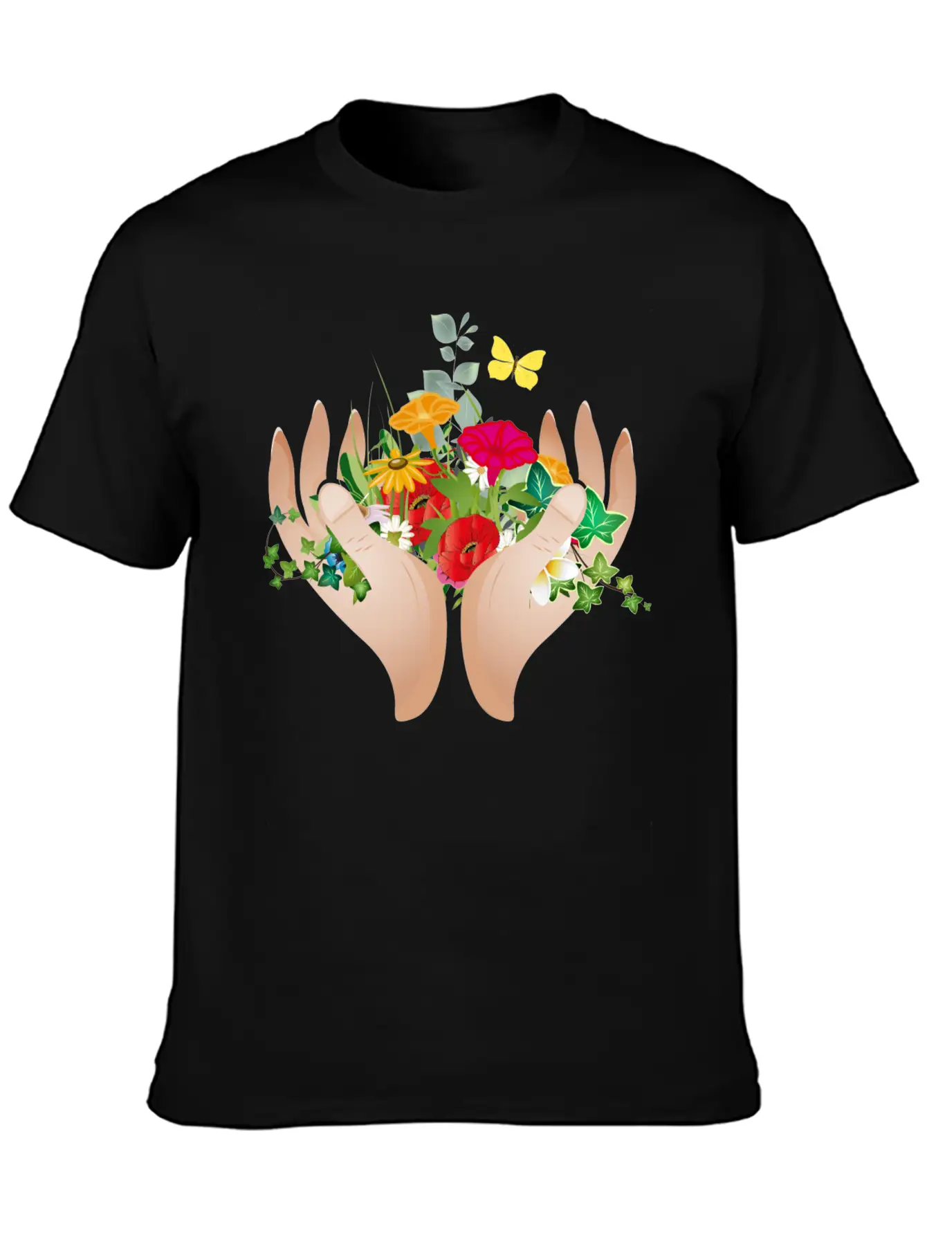 Two Hands Hold Flowers And Plants Unisex Short Sleeve Soft Cotton T-Shirt – Casual Everyday Wear