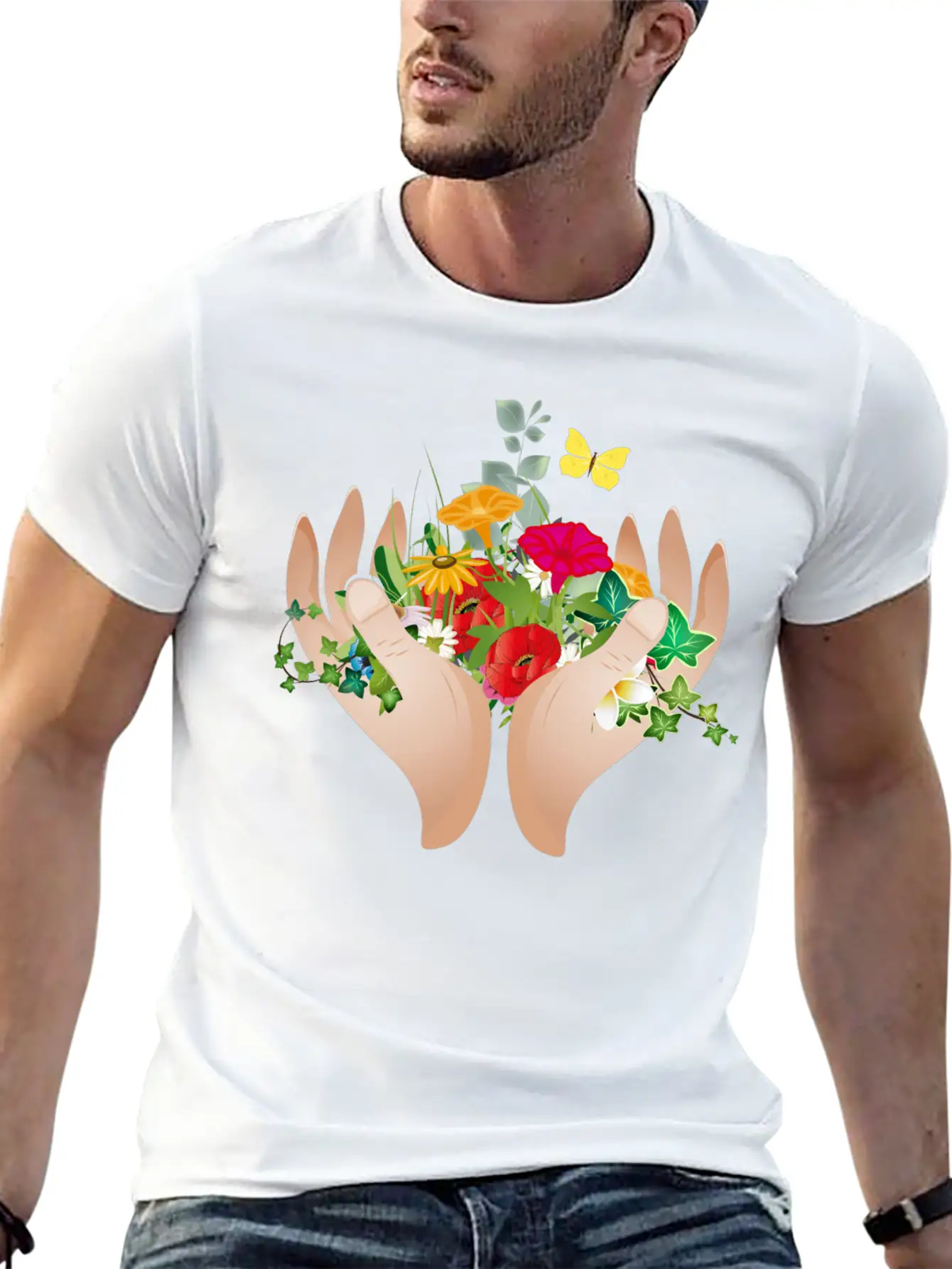 Two Hands Hold Flowers And Plants Unisex Short Sleeve Soft Cotton T-Shirt – Casual Everyday Wear