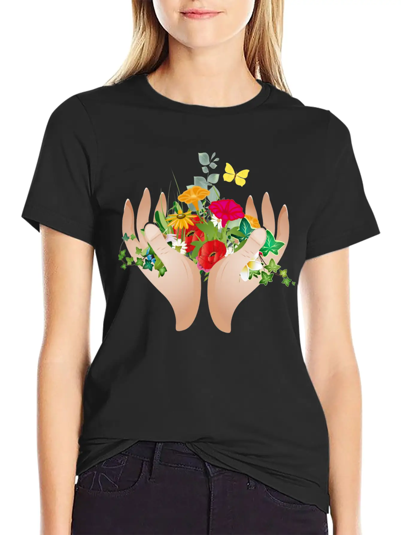 Two Hands Hold Flowers And Plants Unisex Short Sleeve Soft Cotton T-Shirt – Casual Everyday Wear