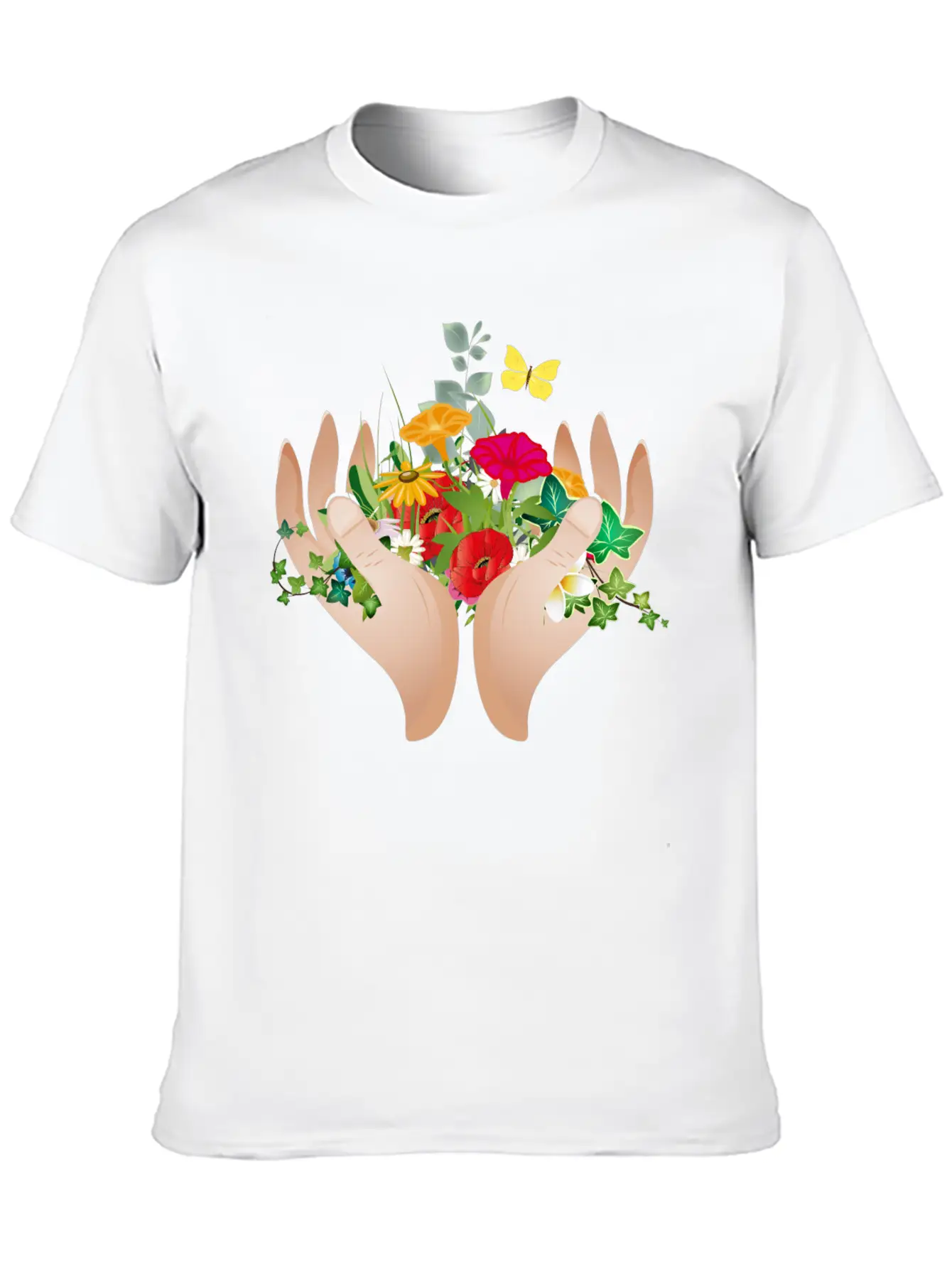 Two Hands Hold Flowers And Plants Unisex Short Sleeve Soft Cotton T-Shirt – Casual Everyday Wear