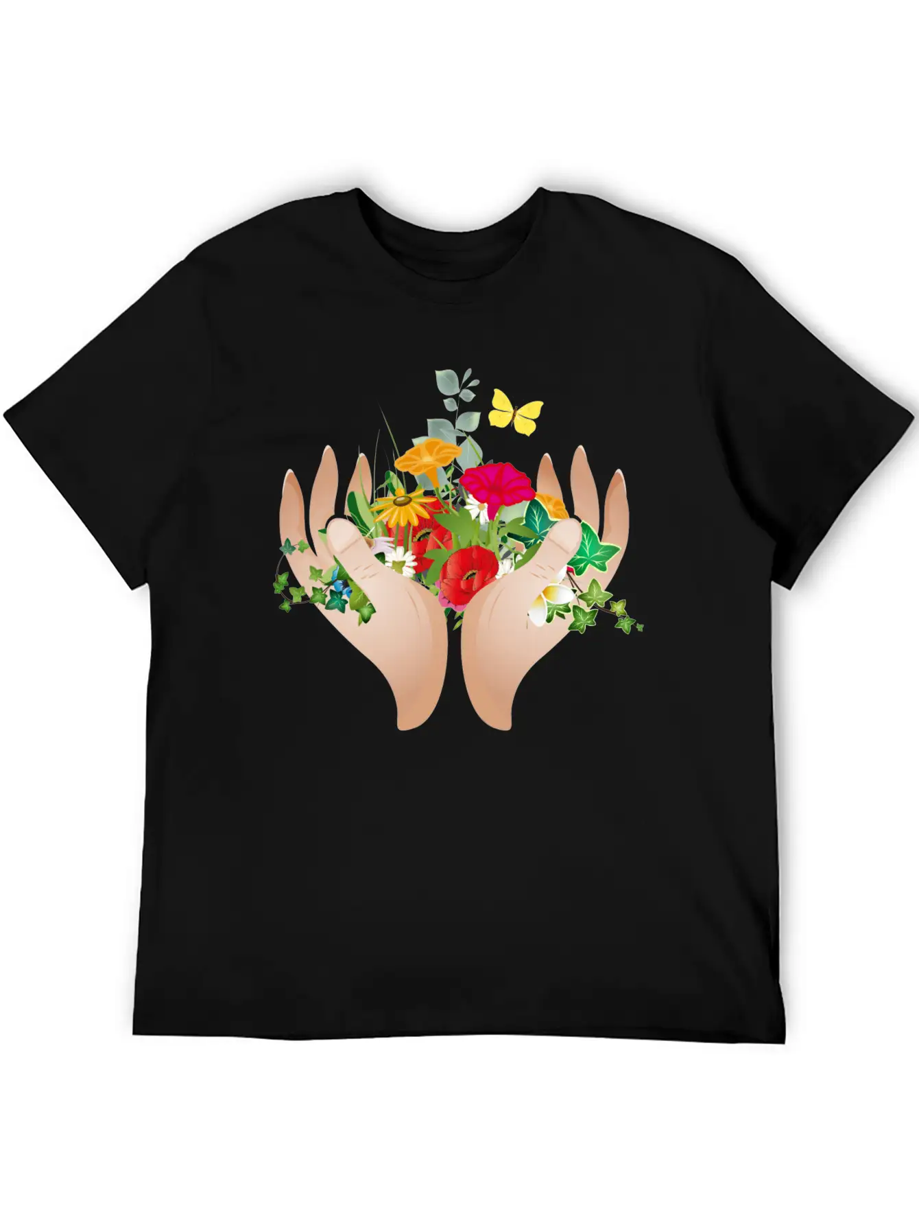 Two Hands Hold Flowers And Plants Unisex Short Sleeve Soft Cotton T-Shirt – Casual Everyday Wear