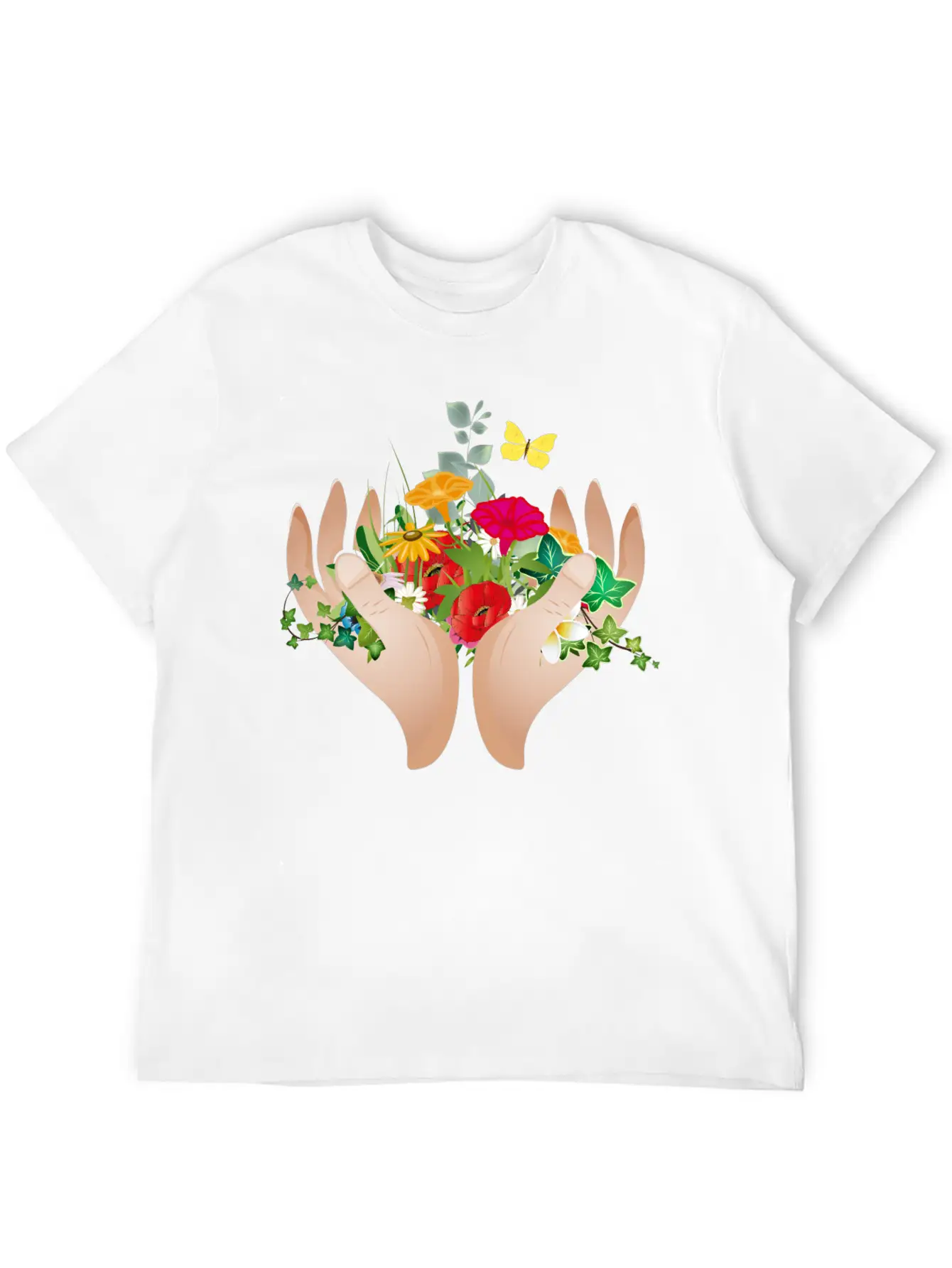 Two Hands Hold Flowers And Plants Unisex Short Sleeve Soft Cotton T-Shirt – Casual Everyday Wear