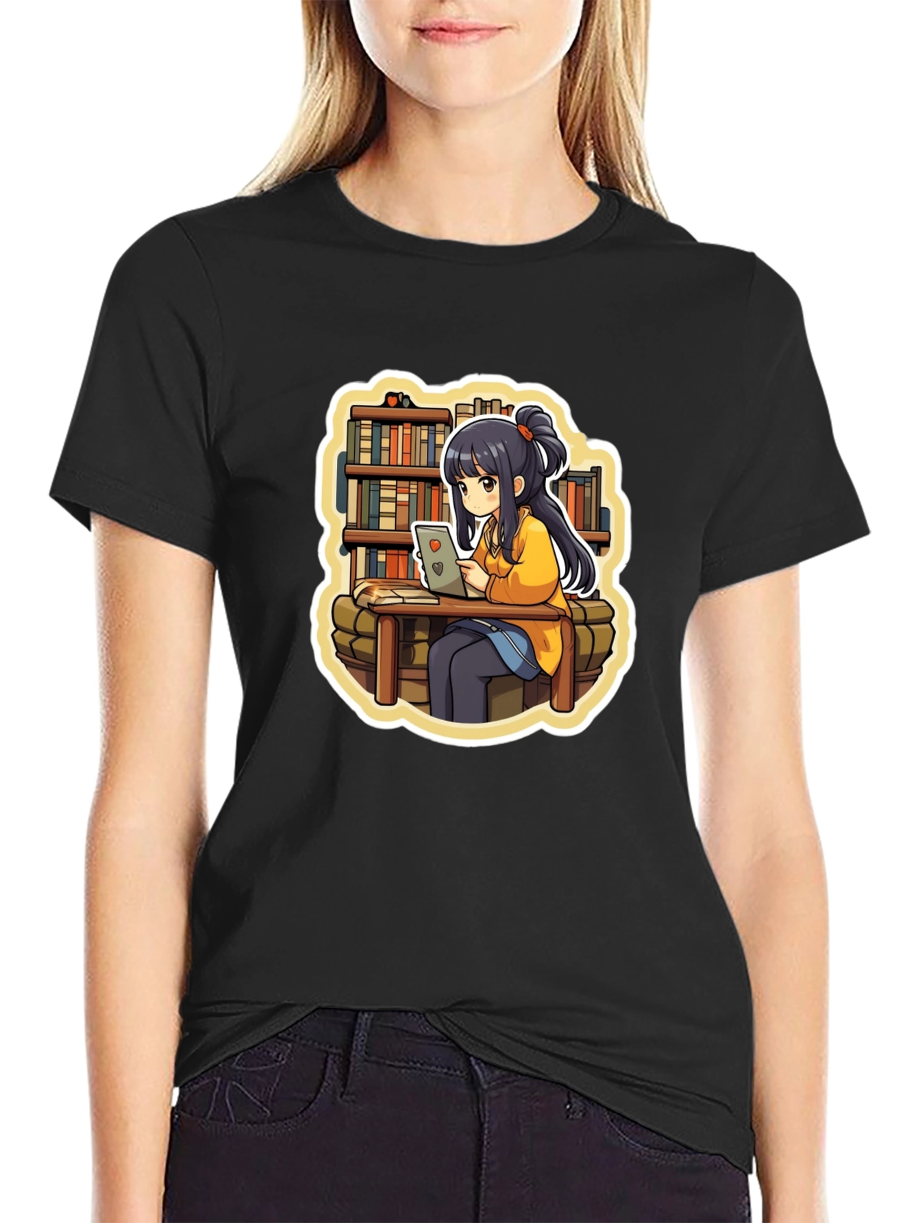 Anime Girl Reading Black T-Shirt