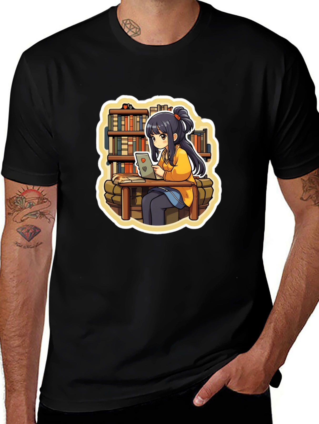 Anime Girl Reading Black T-Shirt