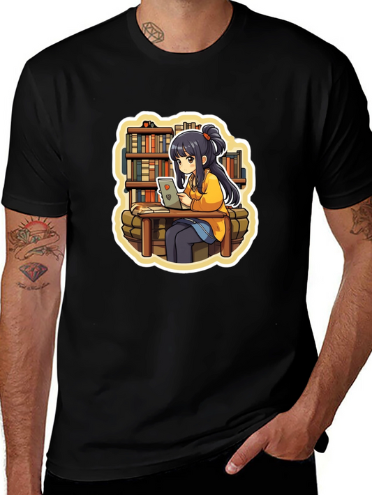 Anime Girl Reading Black T-Shirt