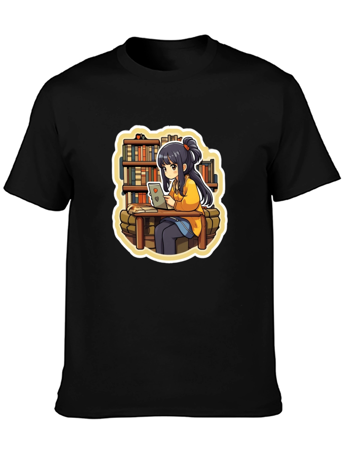Anime Girl Reading Black T-Shirt