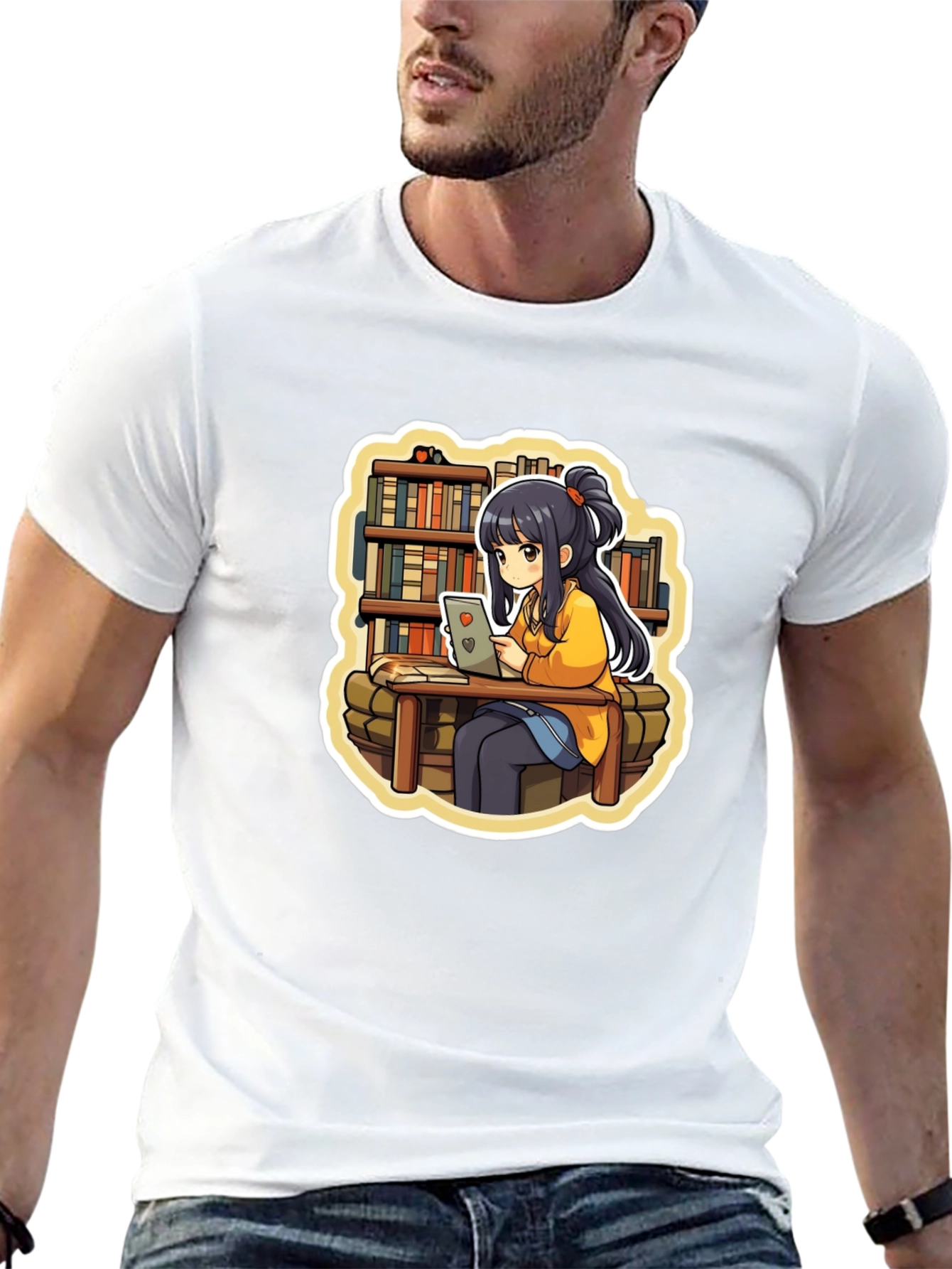 Anime Girl Reading Black T-Shirt