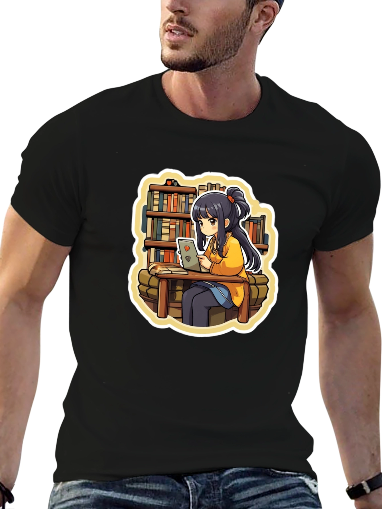 Anime Girl Reading Black T-Shirt