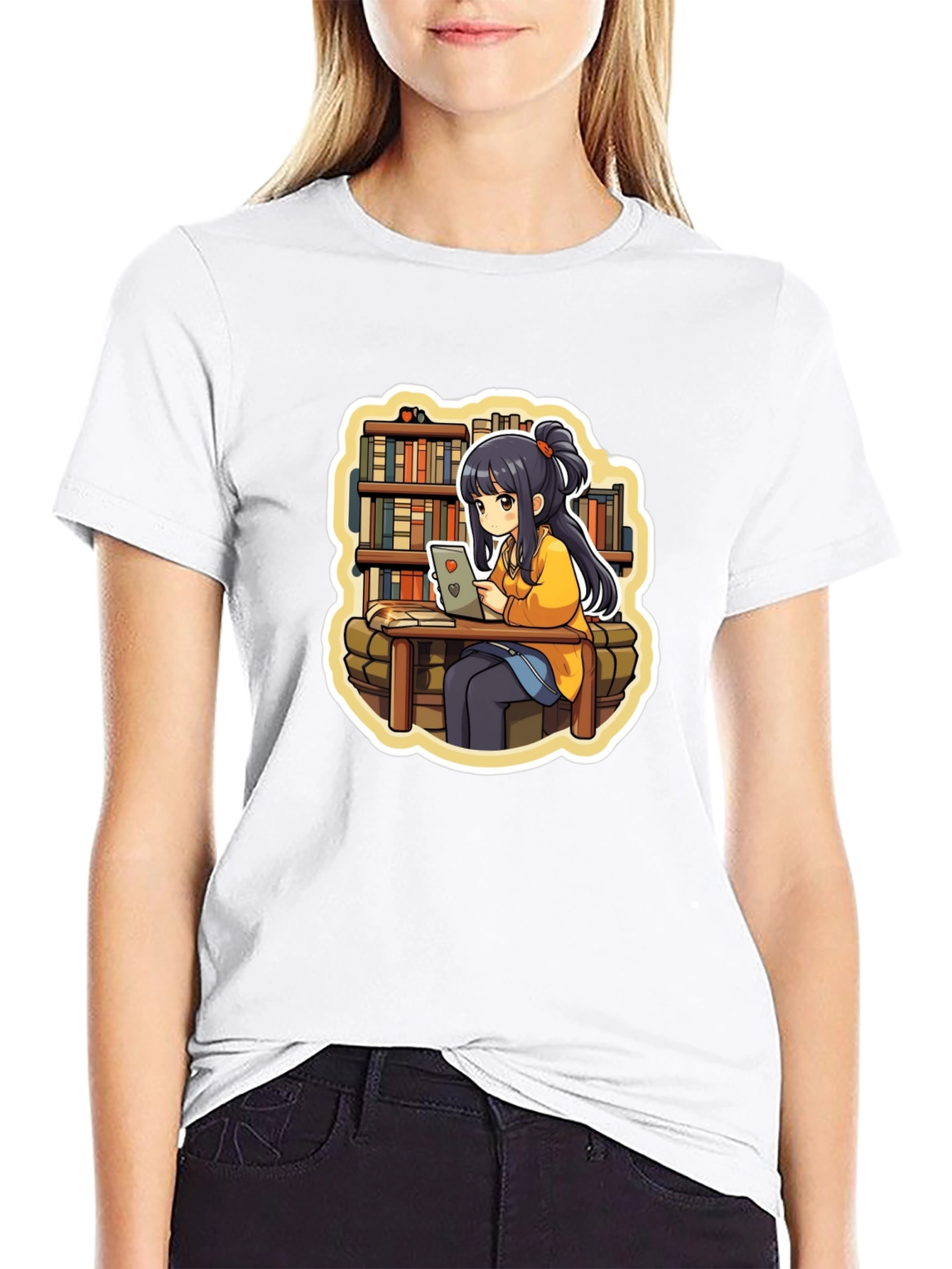 Anime Girl Reading Black T-Shirt