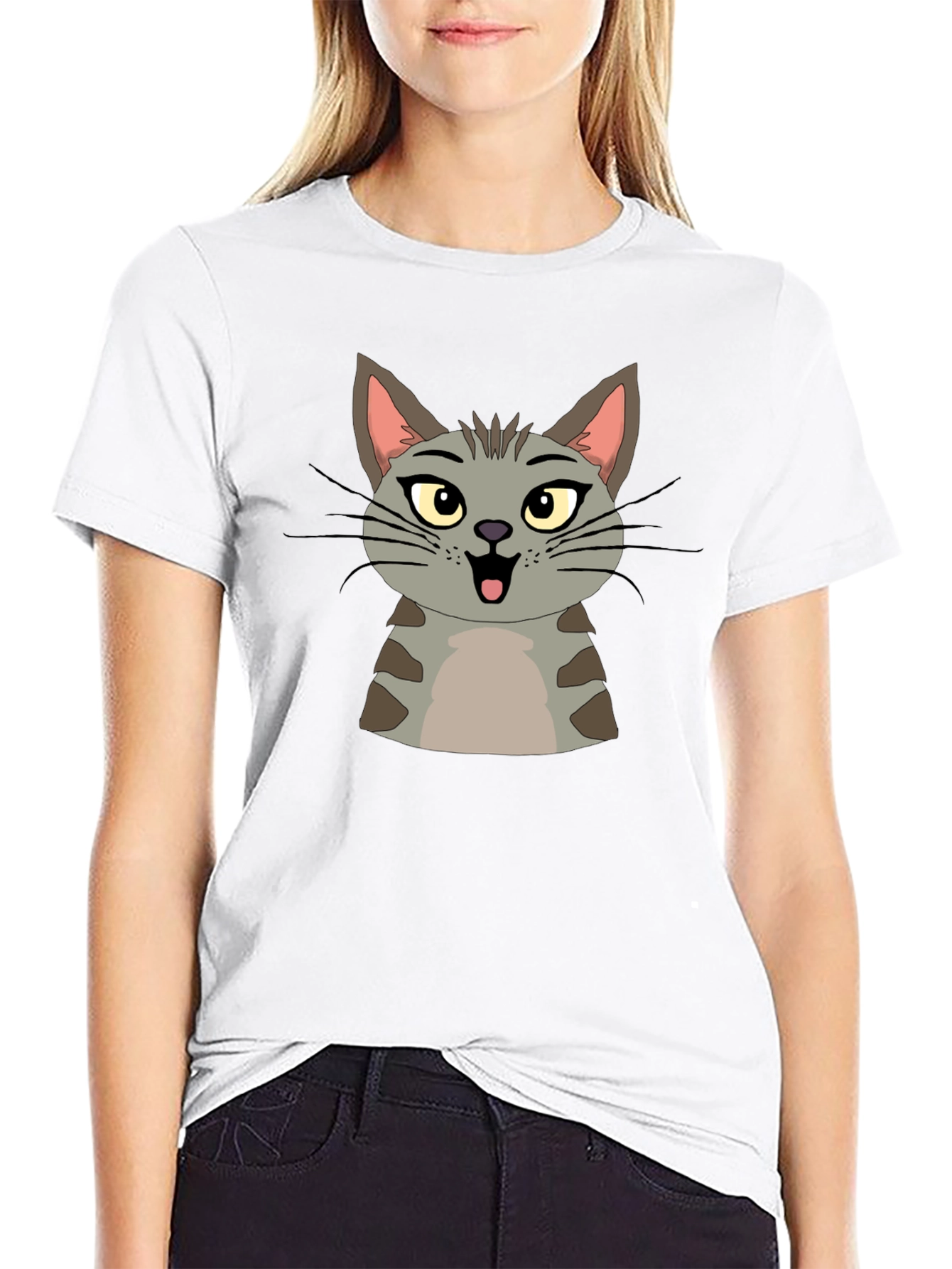 Cute Cartoon Cat Graphic Black T-Shirt