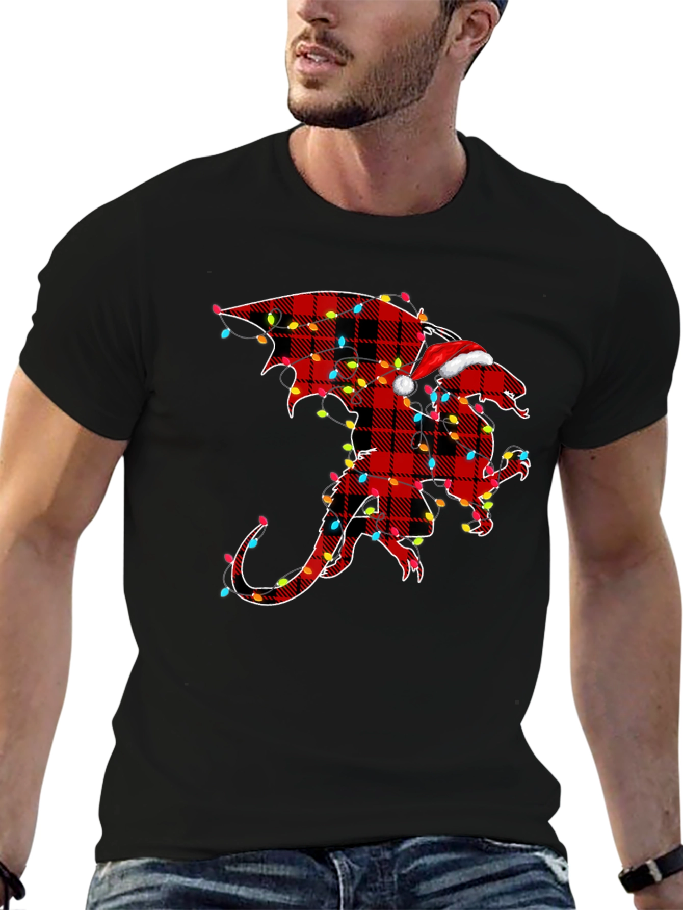 Plaid Dragon with Santa Hat Graphic Tee