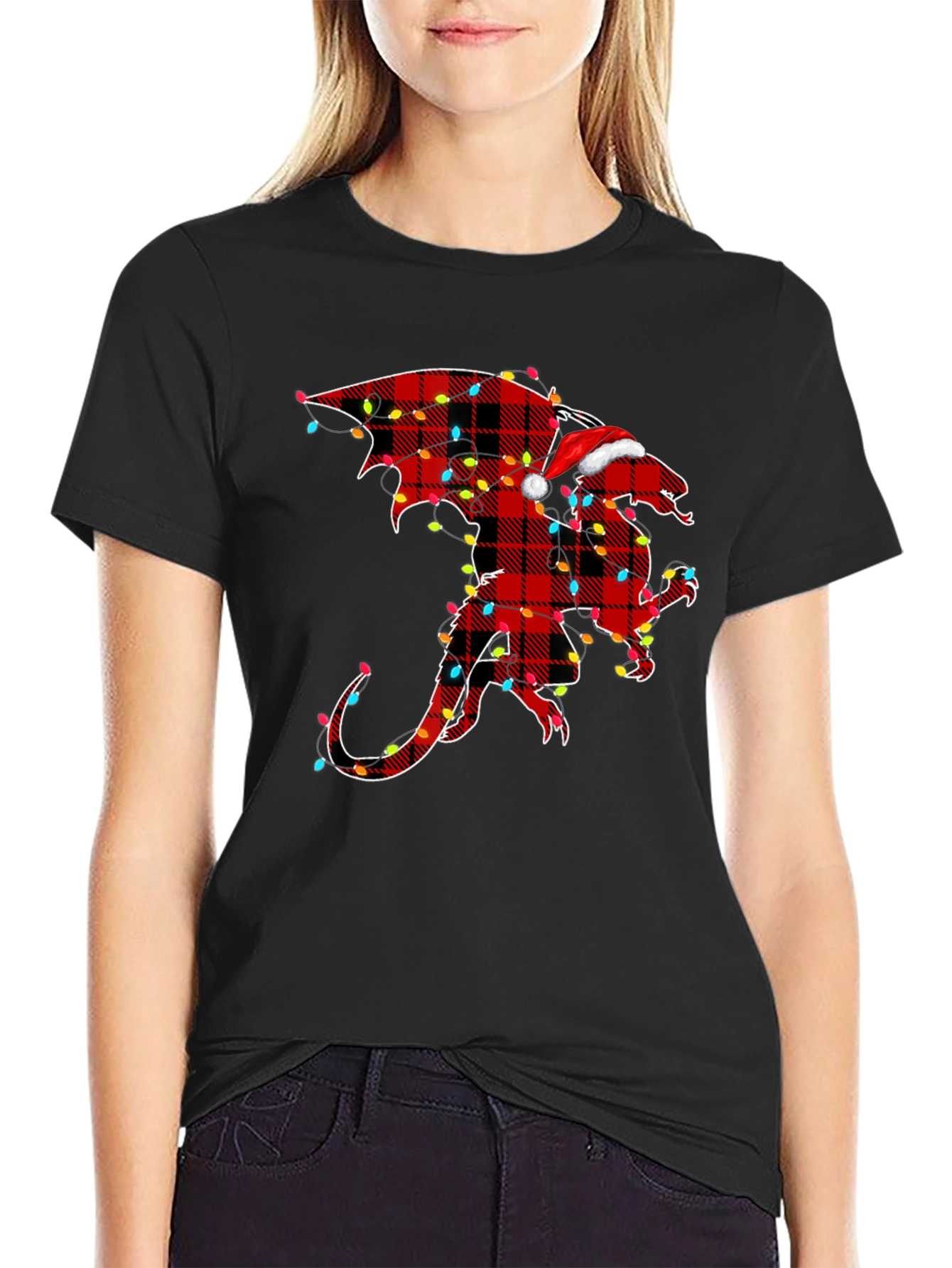 Plaid Dragon with Santa Hat Graphic Tee