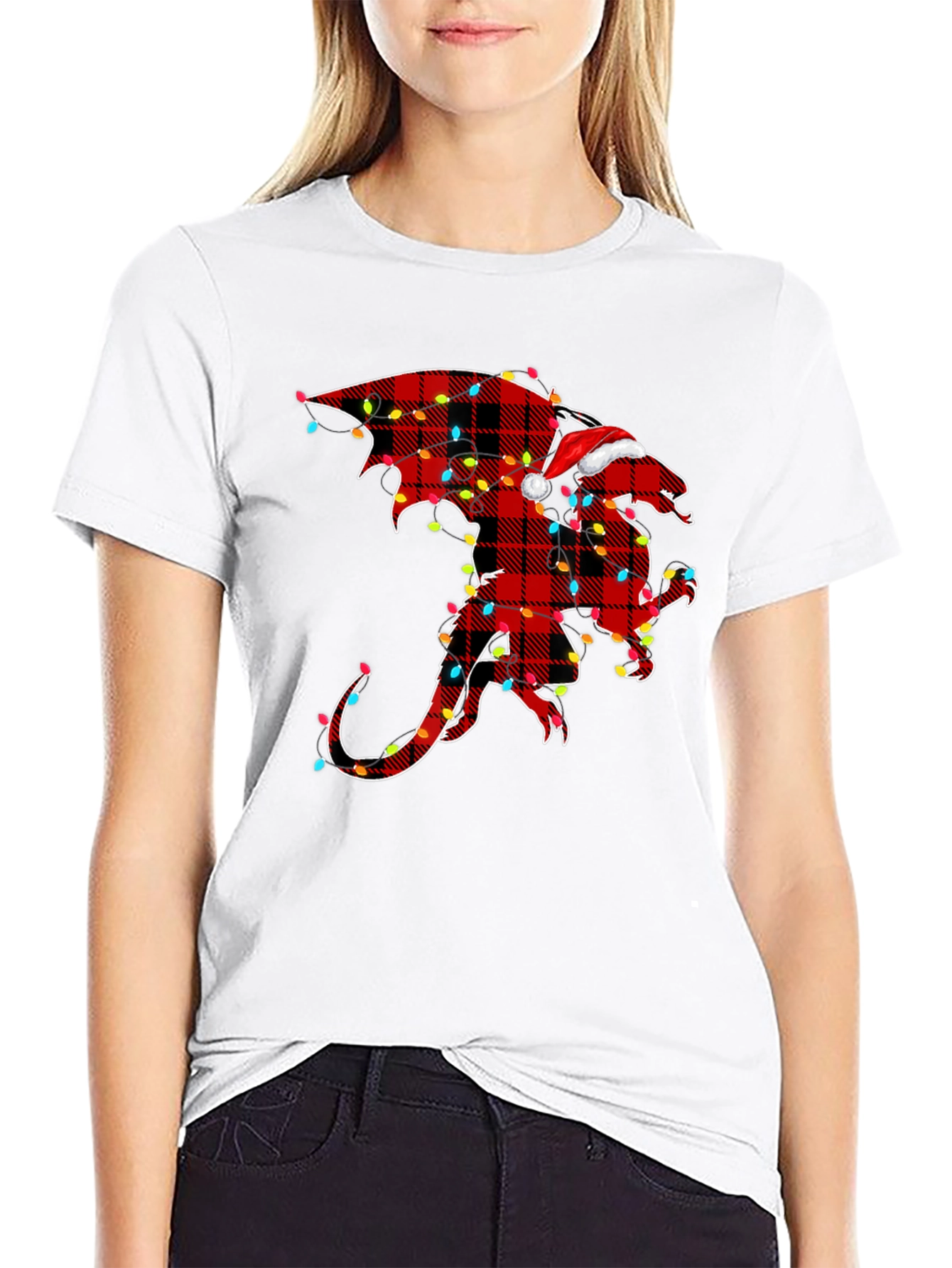 Plaid Dragon with Santa Hat Graphic Tee