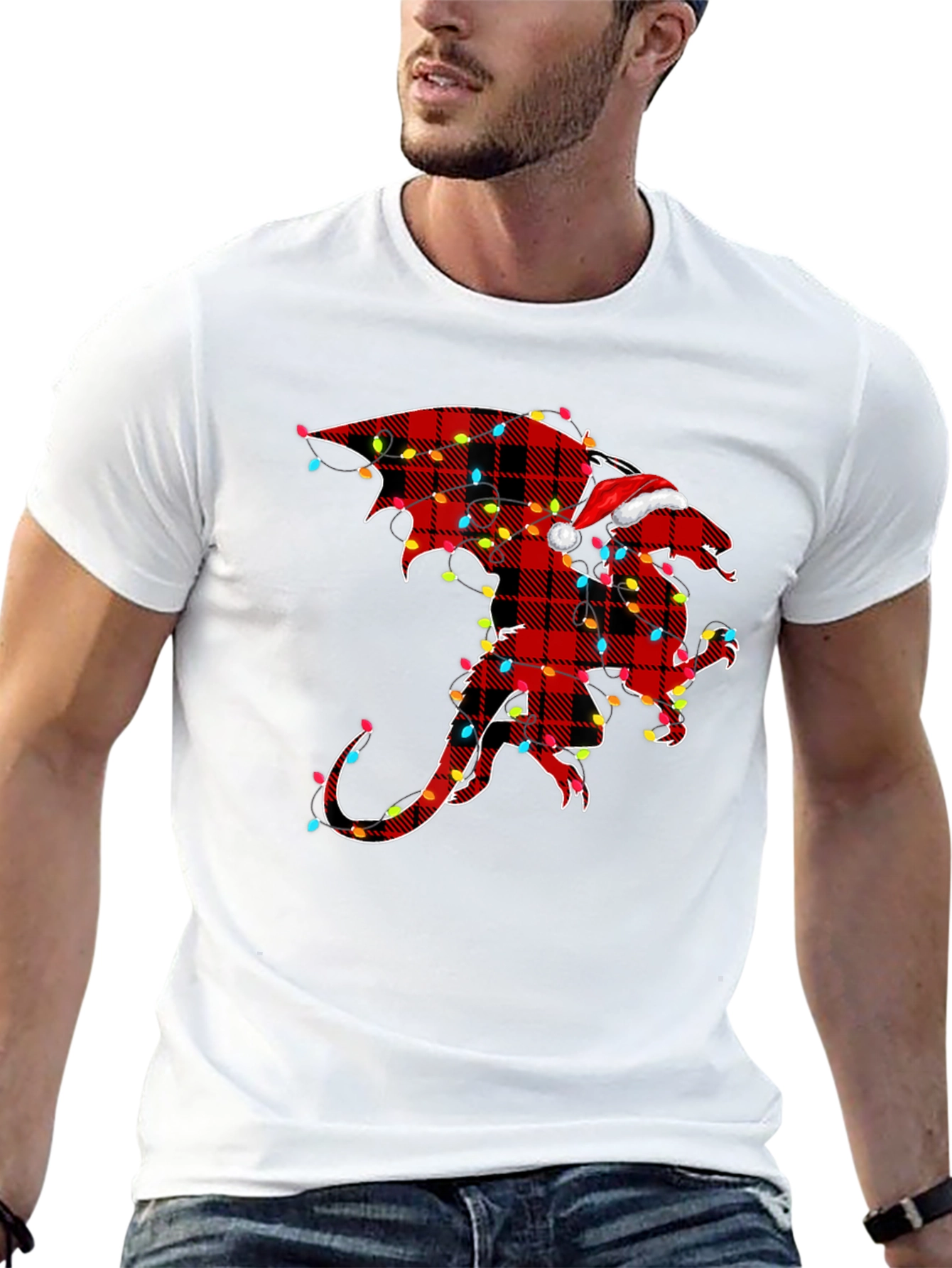 Plaid Dragon with Santa Hat Graphic Tee