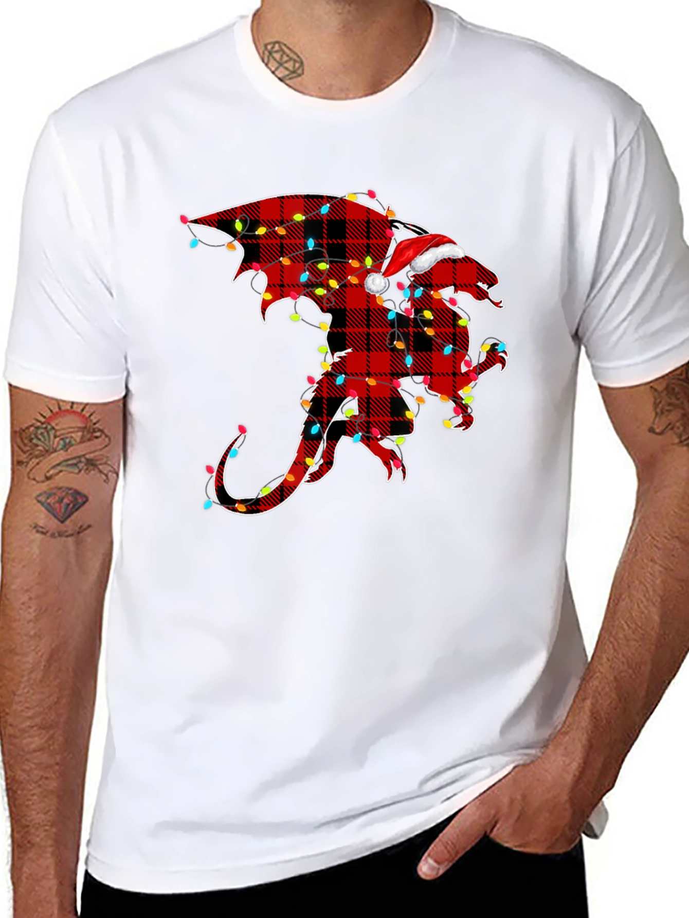 Plaid Dragon with Santa Hat Graphic Tee