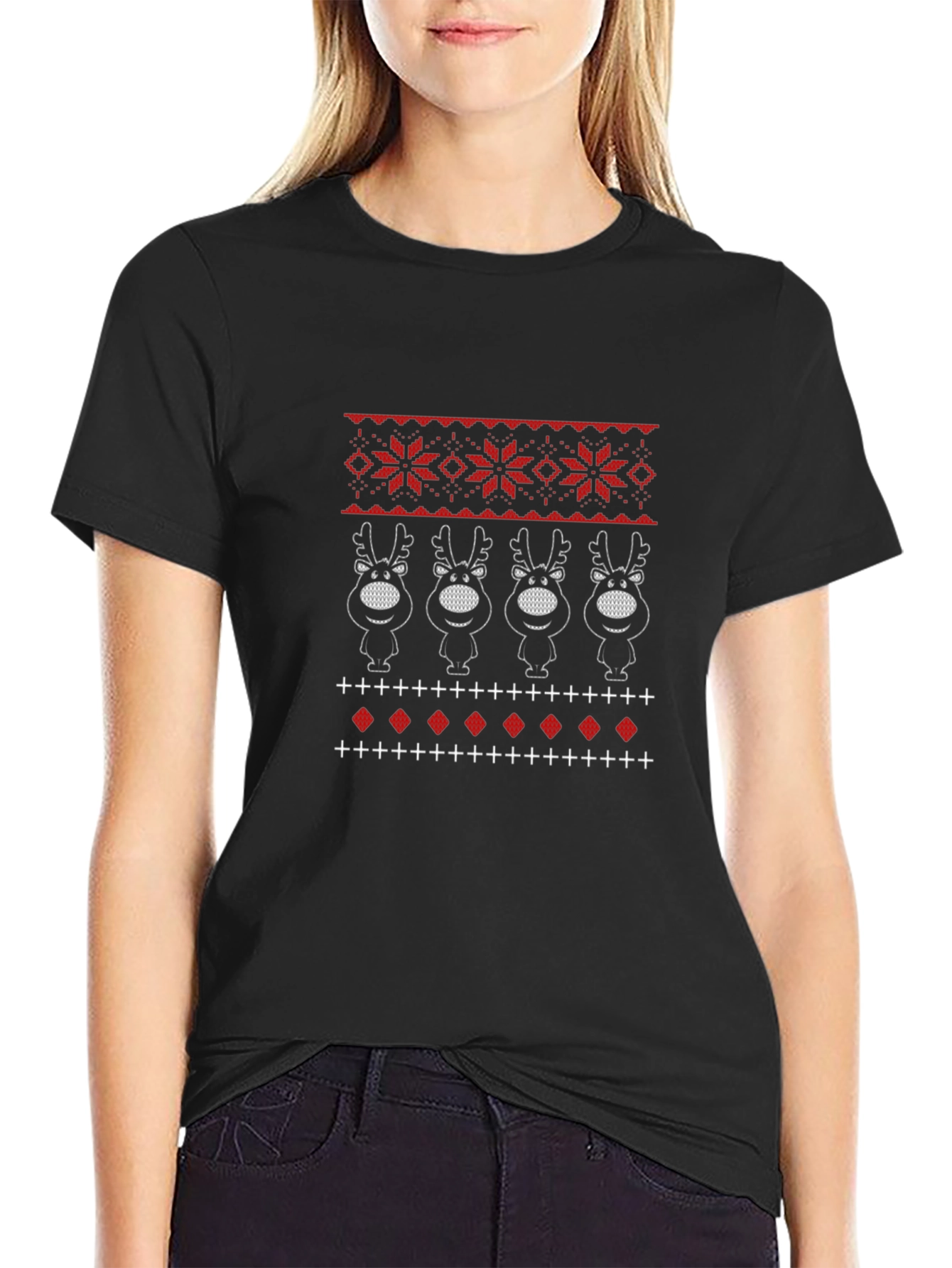 Festive Reindeer Knit Pattern Holiday Tee