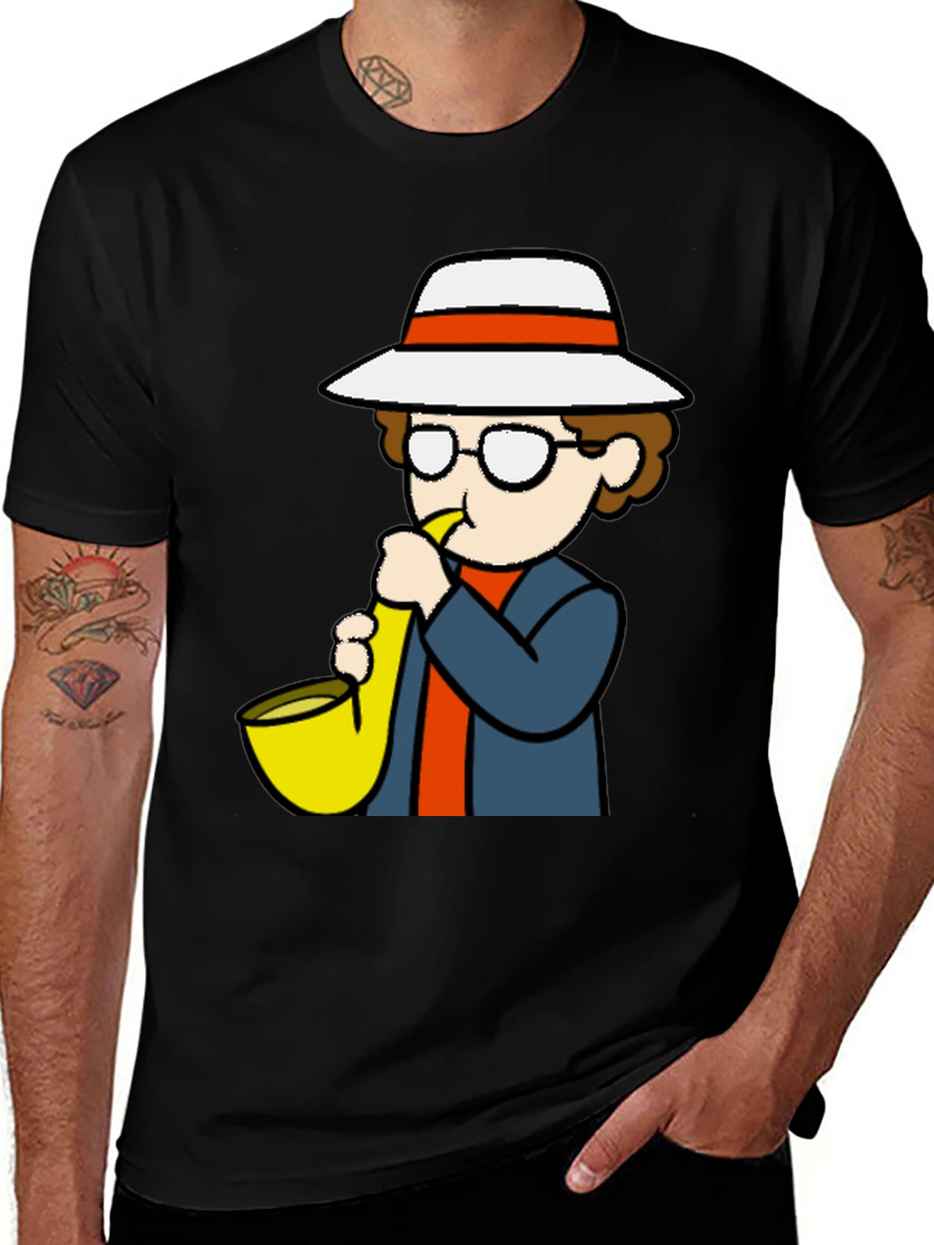 Cartoon Sax Player T-Shirt - Cool Graphic Tee