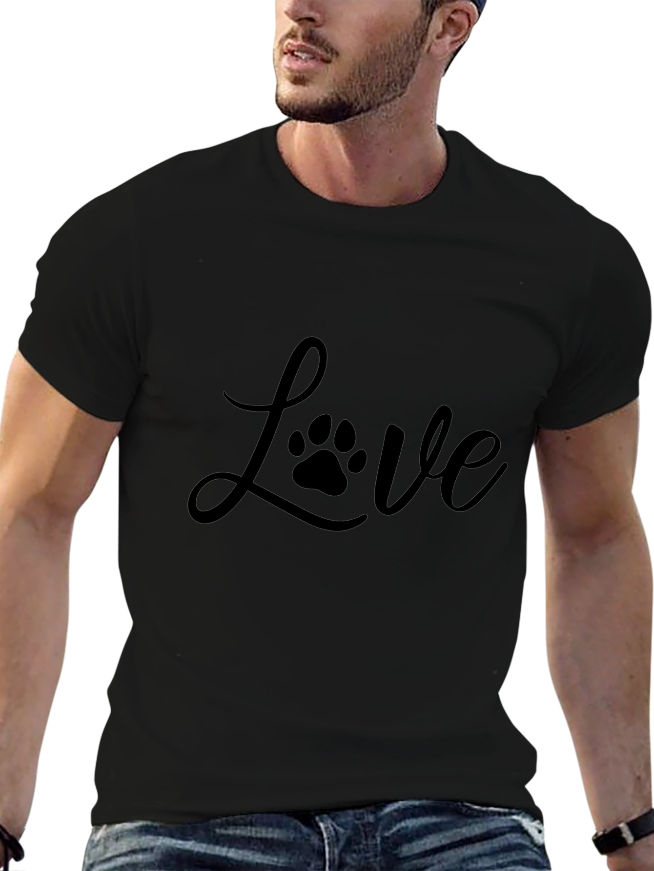 Love Paw Print Graphic Tee - Casual Black T-Shirt