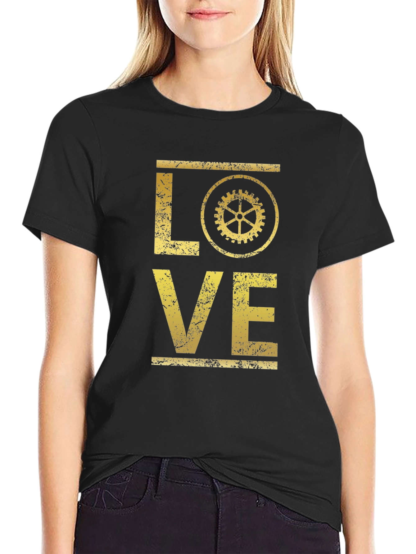 Steampunk Love Graphic T-Shirt - Distressed Gold Print