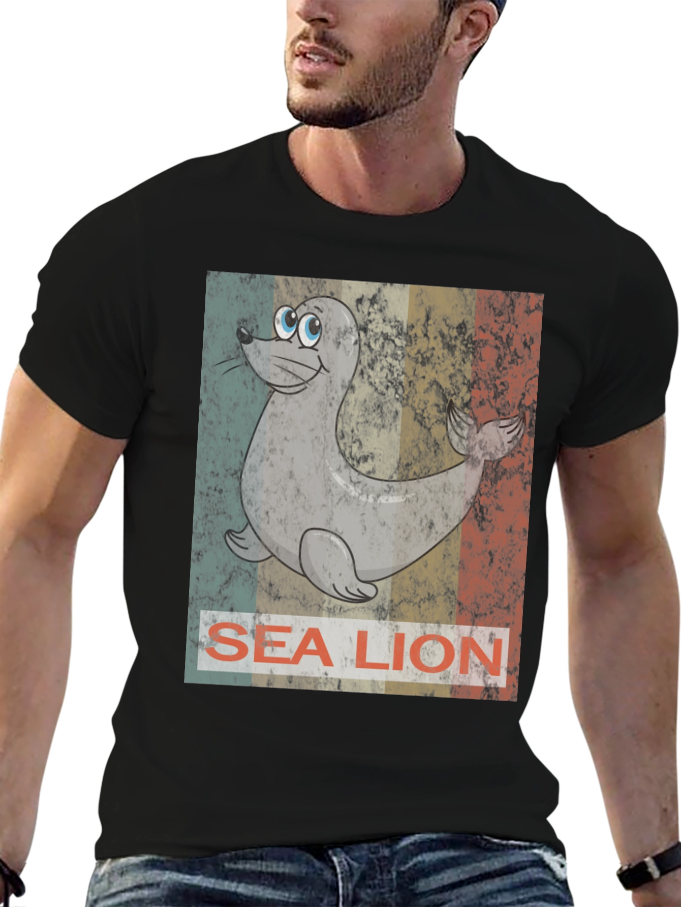 Sea Lion Graphic Tee - Retro Style Black T-Shirt