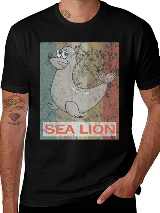 Sea Lion Graphic Tee - Retro Style Black T-Shirt