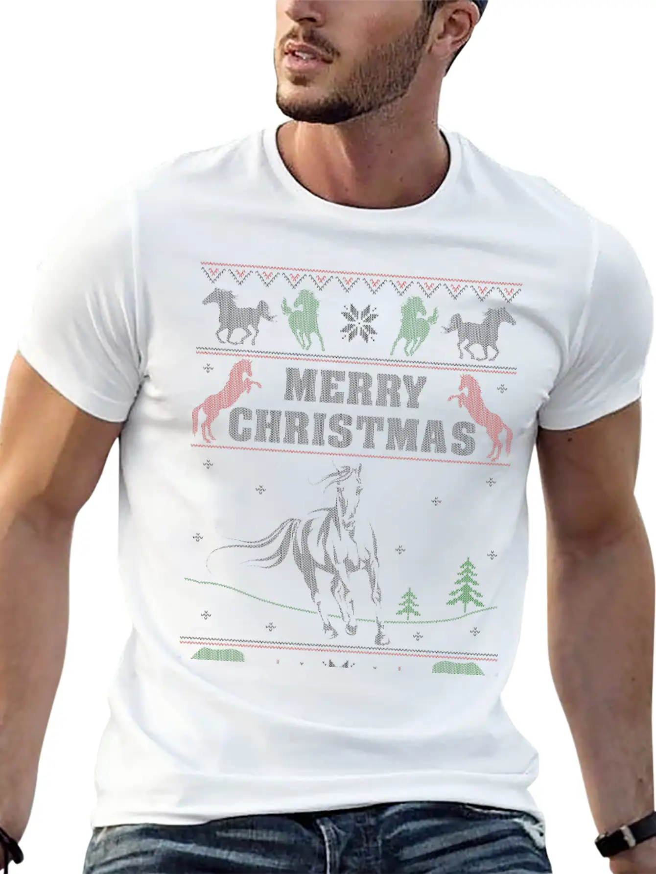 Ugly Christmas Sweater For Horse Lover Timeless Short Sleeve Tee – Comfy And Minimalist Design