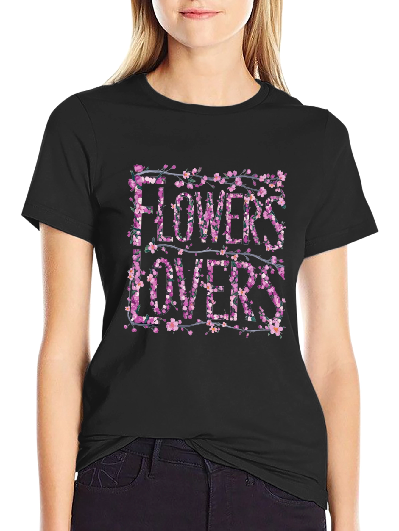 Floral Flowers Lovers Graphic Black T-Shirt