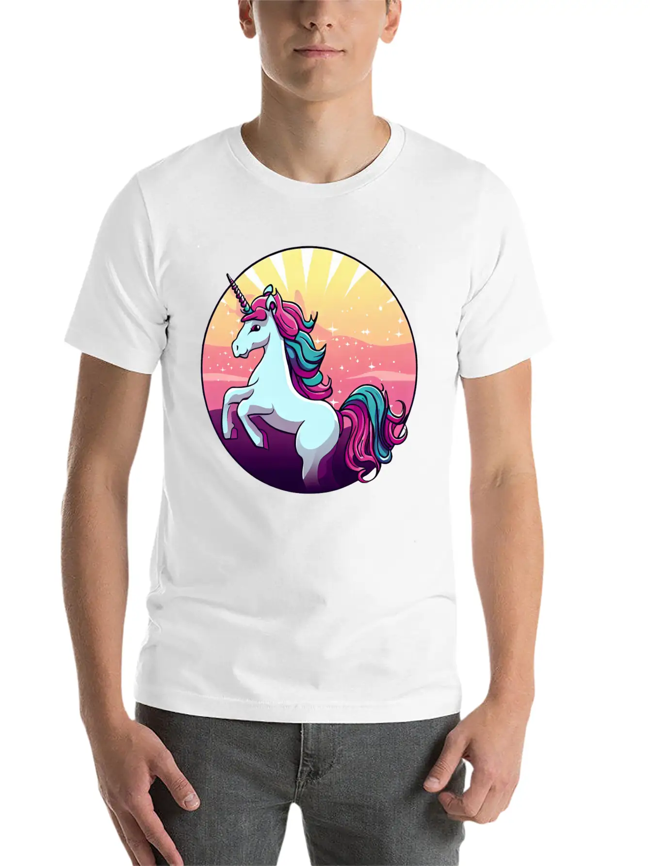 Unicorn Jumps Sunset Comfortable Minimalist Graphic Tee – Summer Style Essential