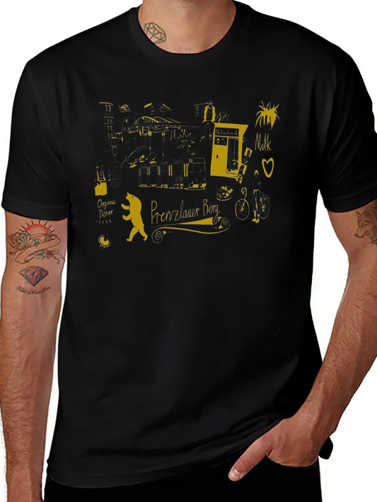 Urban Street Art Tram Bear Bridge Bicycle Gold Stylish Everyday T-Shirt – Unisex Basic Cotton Tee