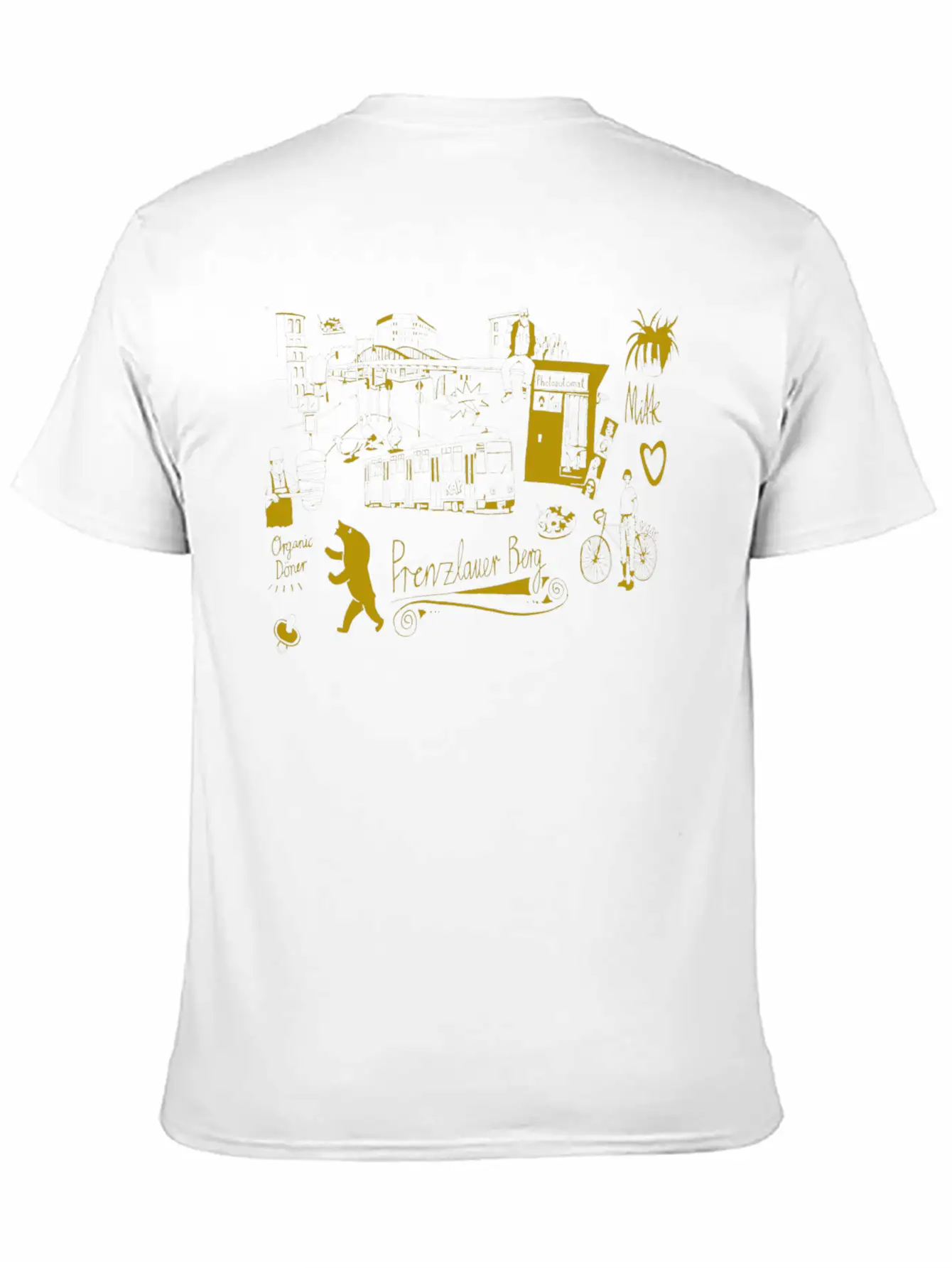 Urban Street Art Tram Bear Bridge Bicycle Gold Stylish Everyday T-Shirt – Unisex Basic Cotton Tee